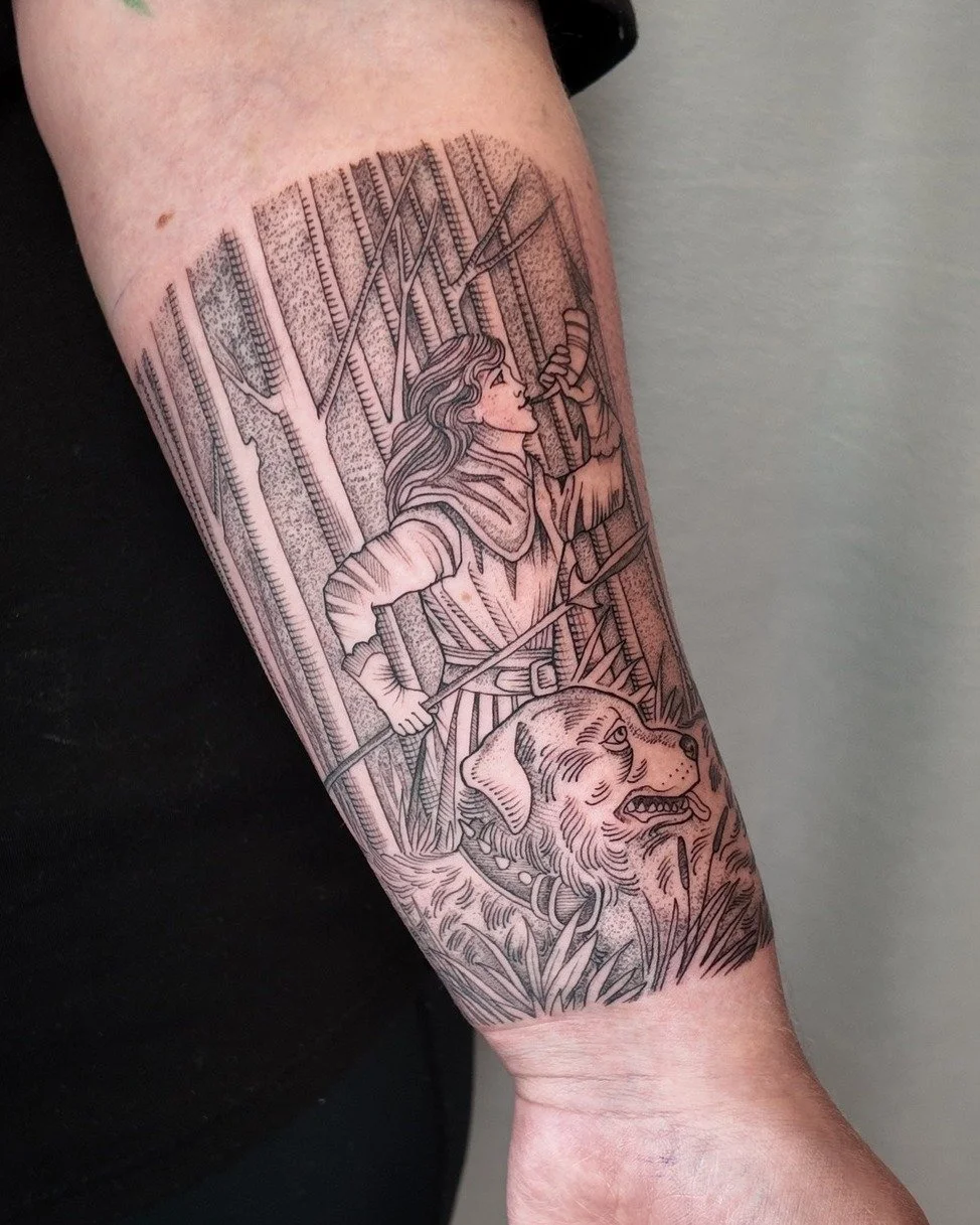 Etching Style Hunter done by @luismiguel_ta2  at Ink &amp; Dagger📯

To book Flash or Custom tattoos with Luis, tap the link in our bio to fill out a booking form or give us a call at 770-692-4245!

 #inkanddaggertattoo #roswell #roswelltattoo #roswe