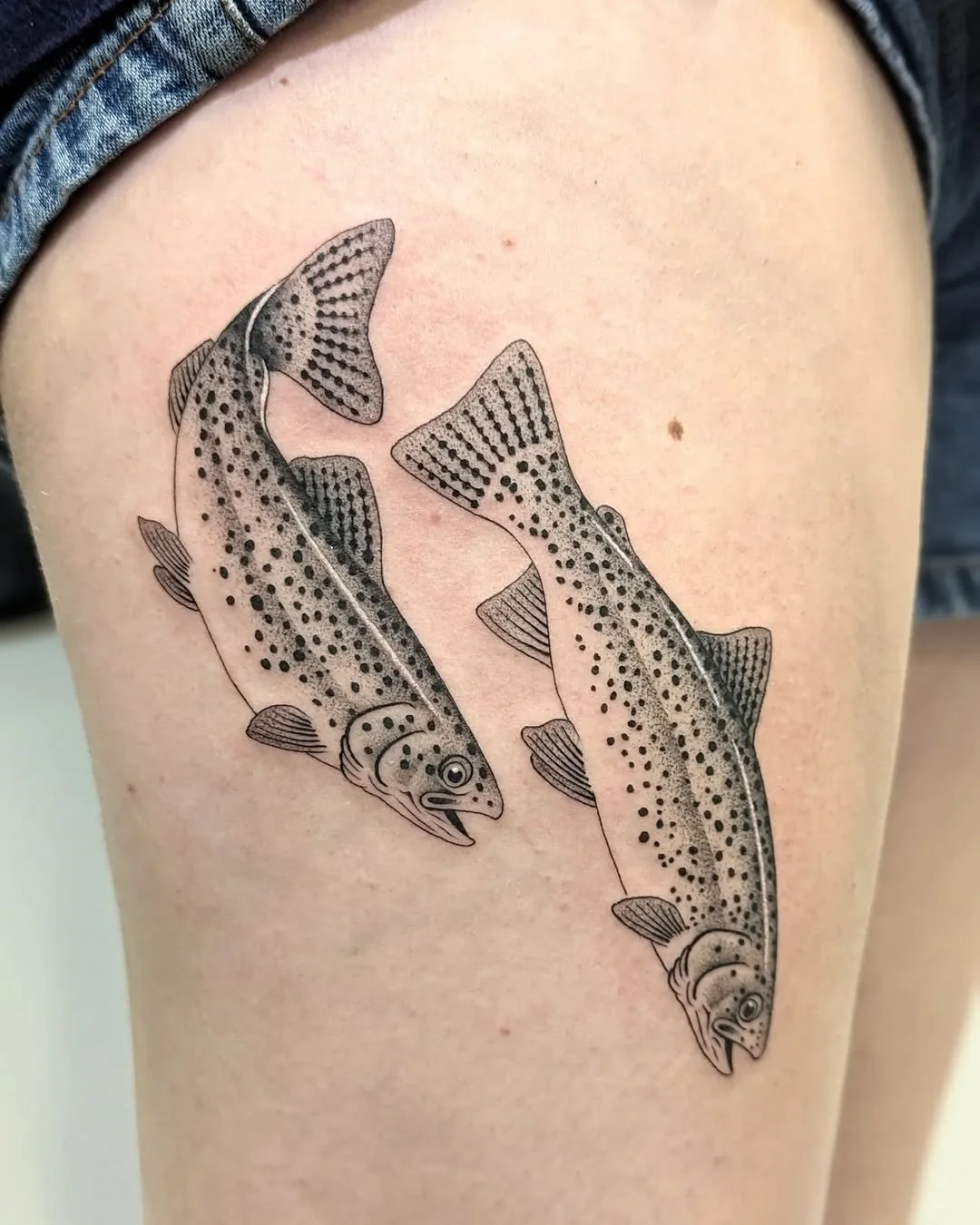Mark Kalinskiy - @kalinskiy_tattoo is tattooing at @inkanddaggertattoo give them a follow! - Trout buddies for Chloe. Thank you!  Fishies are pretty fun. Let me know if y'all want one for yourself. #tattoo #tattoos #tattooer #tattooed #ink #artist #a