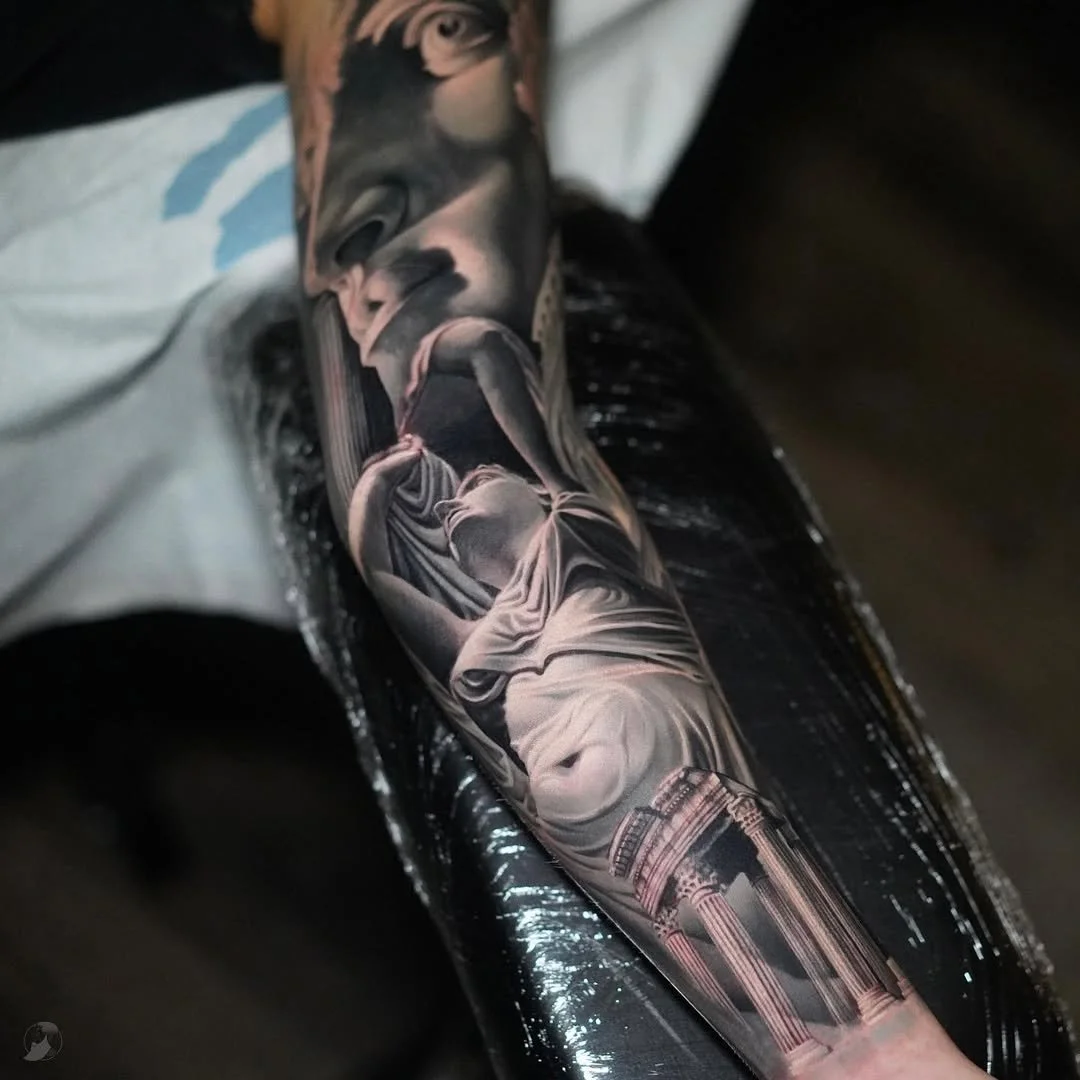 Stani - @mrgingerjaw is tattooing at @inkanddaggertattoo give him a follow! - Petra sits like the very statues we&rsquo;ve been tattooing on her arm, perfectly still with making so much as a peep! Talk about tough! I&rsquo;m grateful to be working on