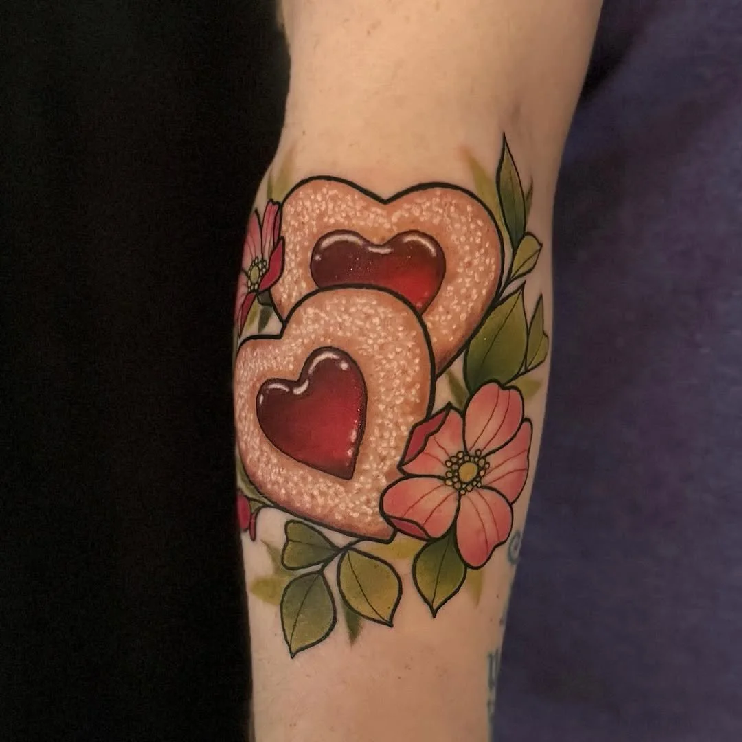 Mel Perlman - @mizmeltattoos is tattooing at @inkanddaggertattoo give them a follow! - Some stills of theses strawberry jam cookies. I loved doing these for Jennifer. Would love to do more cookies or food related tattoos!  #love #ladytattooers #atlan