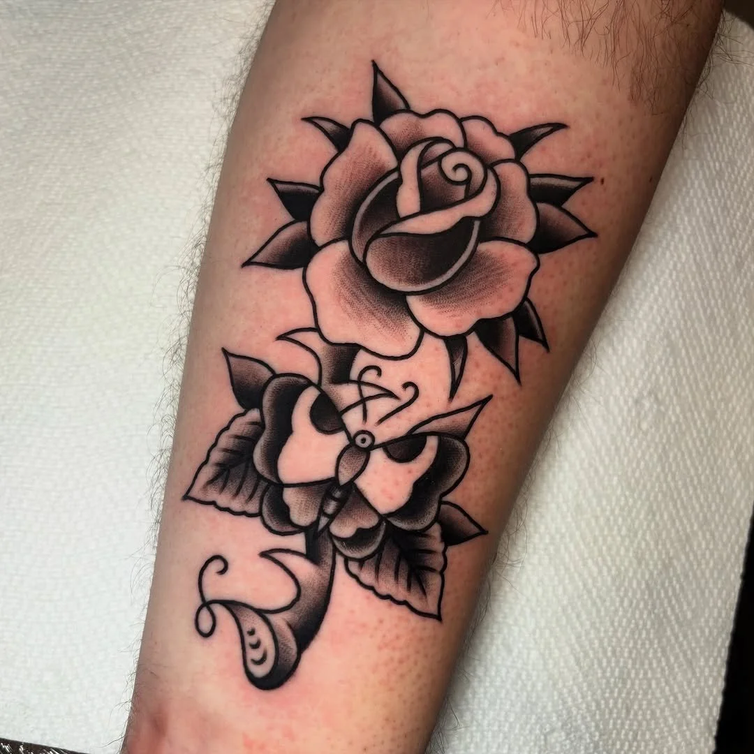 Michel Parisay - @michelparisay is tattooing at @inkanddaggertattoo give them a follow! -

 &bull; #traditionaltattoo #blacktraditionaltattoo #butterflytattoo #mothtattoo #rosetattoo #forearmtattoo #inkanddagger