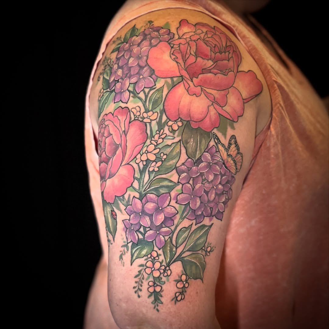 Mel Perlman - @mizmeltattoos is tattooing at @inkanddaggertattoo give them a follow! - Peonies for love and luck, hydrangeas for gratitude and big feelings. Jennifer&rsquo;s floral half sleeve is part healed, part fresh, and I&rsquo;m so in love with