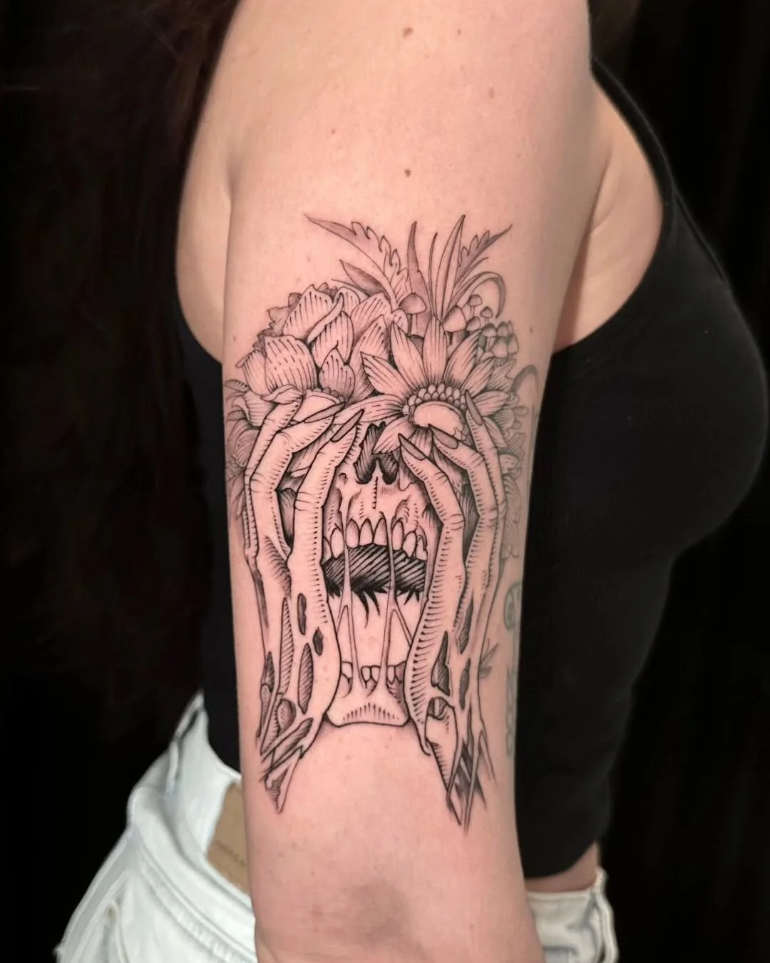 Luis Hinestroza - @luismiguel_ta2 is tattooing at @inkanddaggertattoo give them a follow! - Etched botanical zombie for my client! Skulls and flowers are subjects I draw often because they never get old, so why not both. Thanks for looking! . . . #et
