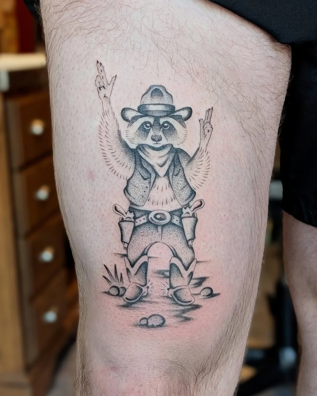 Mark Kalinskiy - @kalinskiy_tattoo is tattooing at @inkanddaggertattoo give them a follow! - Raccoon cowboy for Alex! Happy Thanksgiving y'all @inkanddaggertattoo . . . #tattoo #tattoos #tattooartists #tattooed #tattooidea #tattoolove #tatts #tattooe