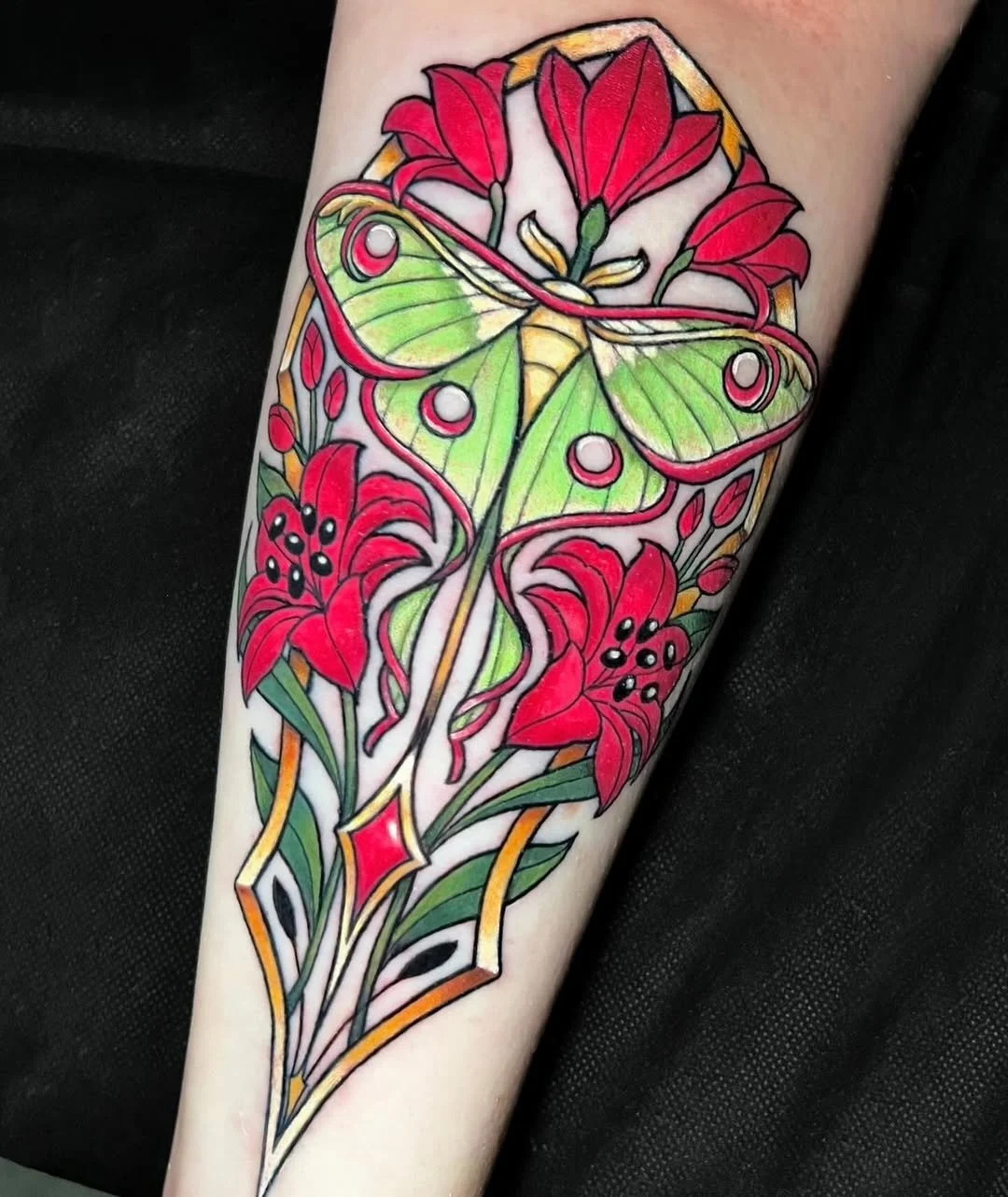Cortney Norton - @cortneynorton is tattooing at @inkanddaggertattoo give them a follow! - Art deco luna moth! 🦋 &bull; &bull; &bull; #inkanddagger #inkanddaggertattoo #moth #folkarttattoo #mothtattoo #lunamoth #lunamothtattoo  #artdecotattoo #artnou