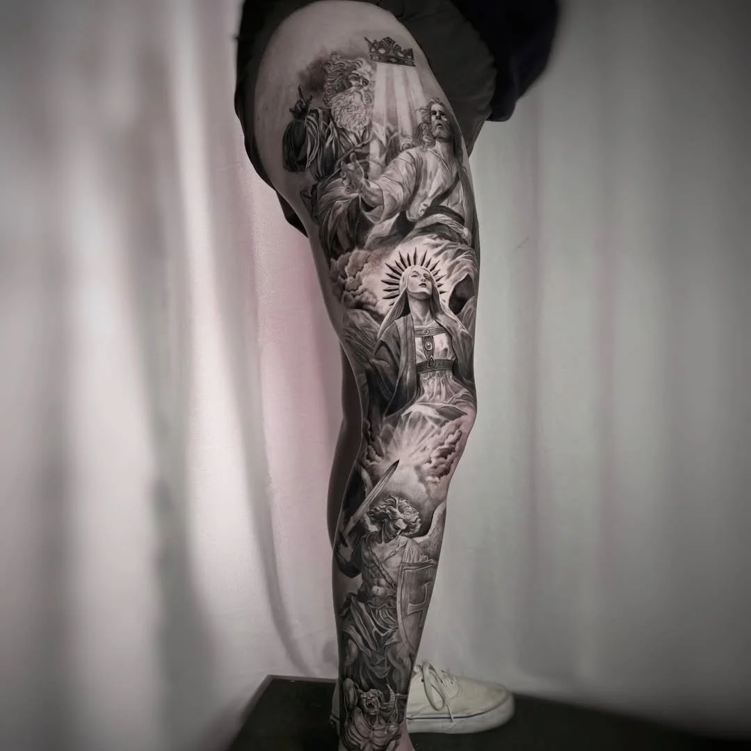 Robert Beeman - @robertbeemantattoos is tattooing at @inkanddaggertattoo give them a follow! - Here's an outer leg religious scene I made depicting the Coronation of Mary! Unfortunately my client was traveling so we don't have fully healed photos, bu