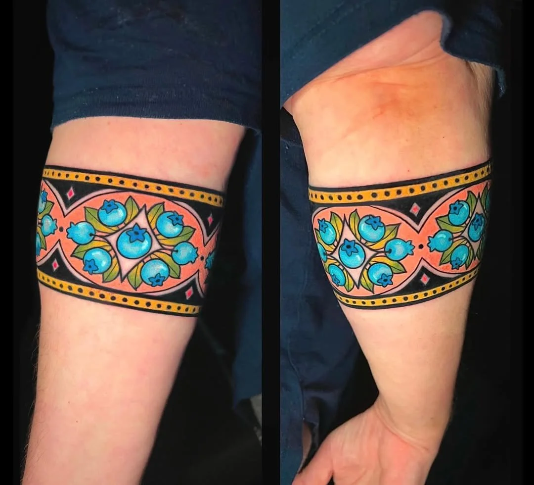 Cortney Norton - @cortneynorton is tattooing at @inkanddaggertattoo give them a follow! - Blueberry Folkart/Nouveau inspired armband! 🫐💙 She asked for a design that would represent her family's blueberry farm. &bull; (Please note that I have strict