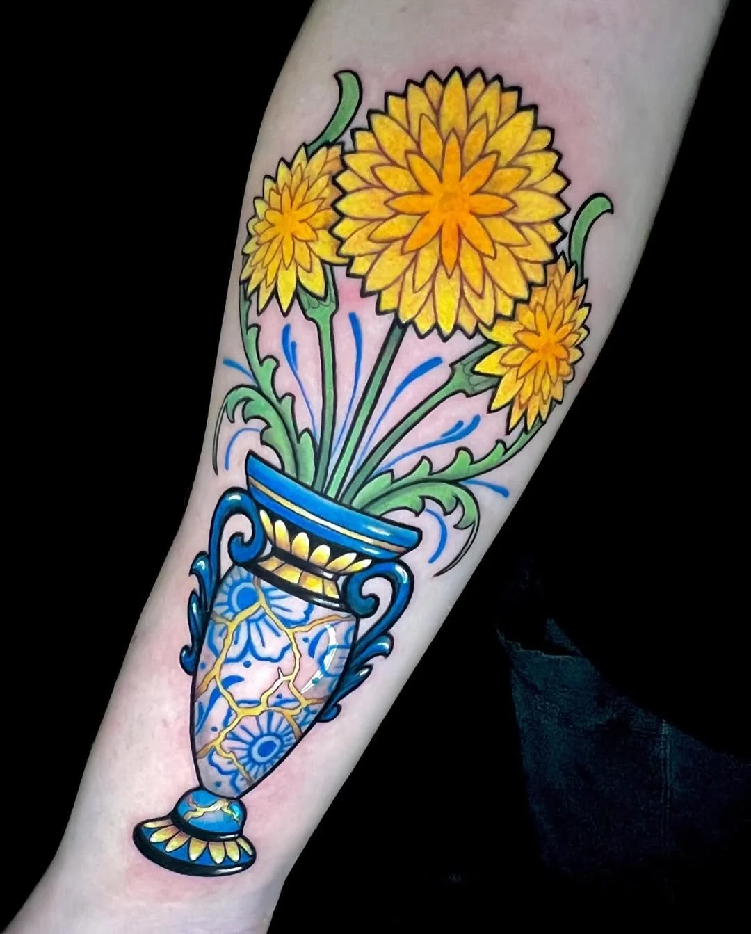 Cortney Norton - @cortneynorton is tattooing at @inkanddaggertattoo give them a follow! - Dandy Kintsugi! 🌼 Thank you for traveling all the way from Brooklyn NY, Oliver! 💕 &bull; &bull; &bull; #inkanddagger #inkanddaggertattoo #dandelion #floraltat