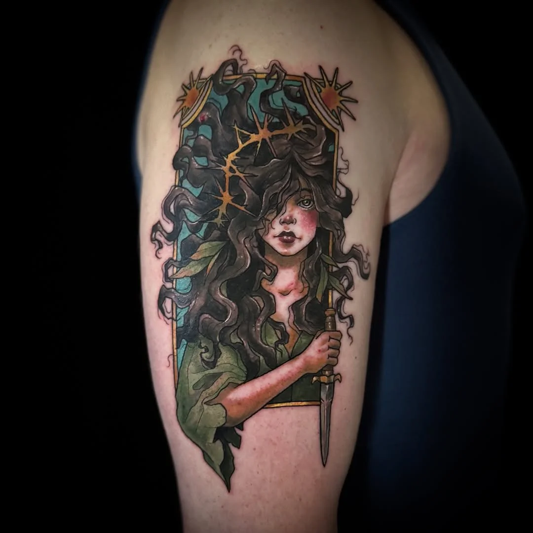Mel Perlman - @mizmeltattoos is tattooing at @inkanddaggertattoo give them a follow! - Fierce warrior lady unlocked 🗡️✨ I had so much fun bringing this piece to life &mdash; huge thank you to my amazing client for trusting me with such a powerful, a