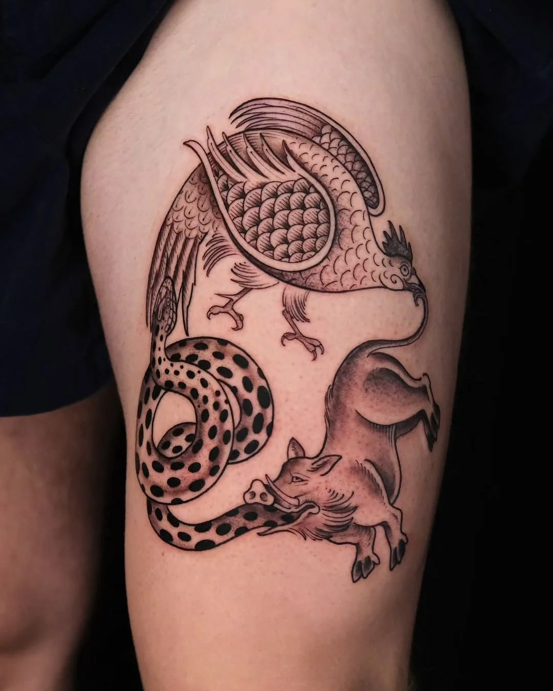 Luis Hinestroza - @luismiguel_ta2 is tattooing at @inkanddaggertattoo give them a follow! - The three poisons, engraving style. The rooster, pig, and snake represent attachment, ignorance, and ill-will, respectively. Love that my client let me interp