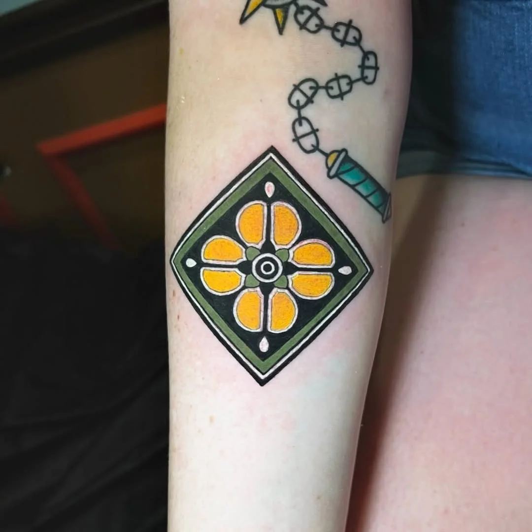 Cortney Norton - @cortneynorton is tattooing at @inkanddaggertattoo give them a follow! - Tiny tile tattoo for the lovely Claudia. Thank you so much for choosing one of my small designs! 💕 &bull; &bull; &bull; #inkanddagger #inkanddaggertattoo #folk