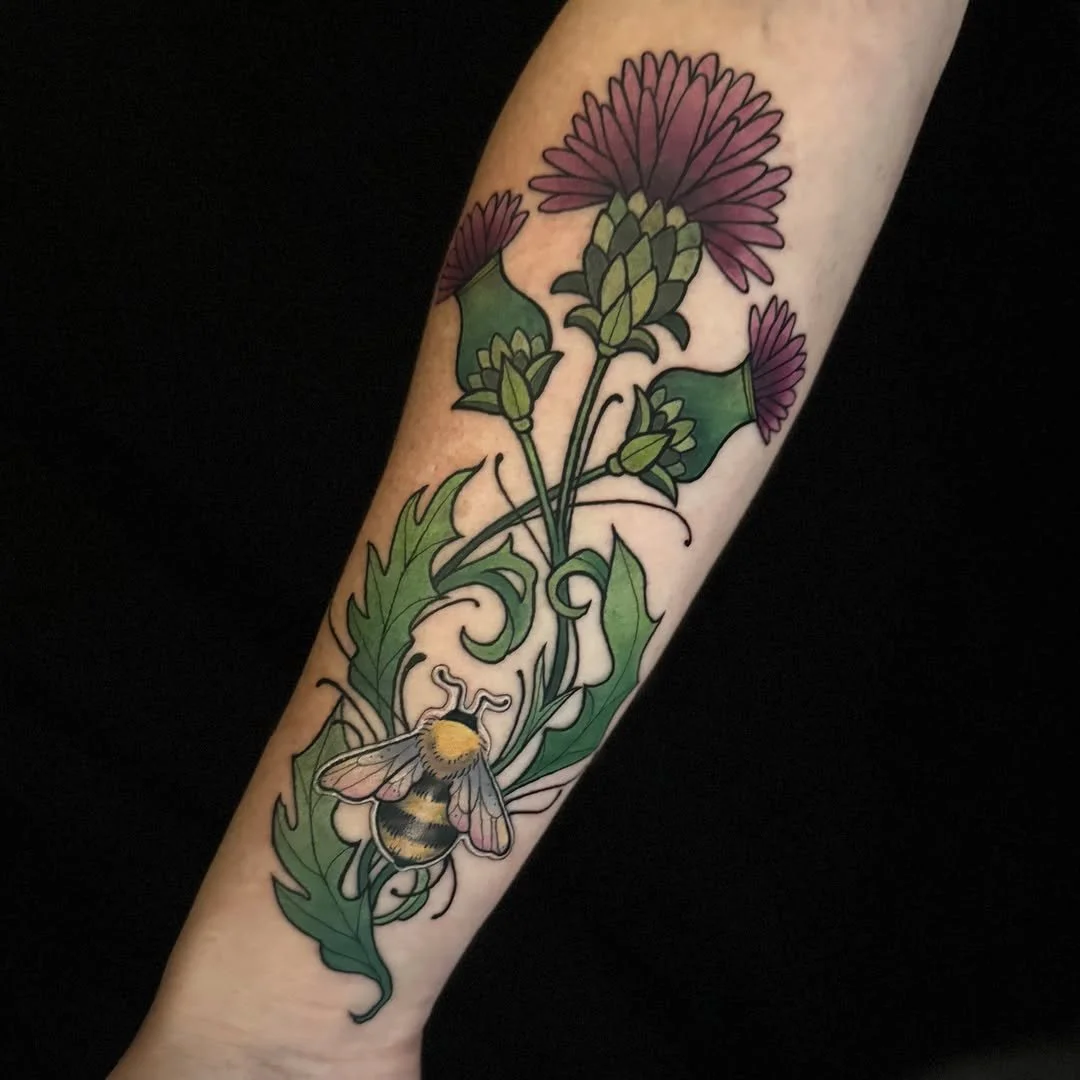 Mel Perlman - @mizmeltattoos is tattooing at @inkanddaggertattoo give them a follow! - Thank you, Callie, for trusting me with such a dreamy, nature-loving piece.  If you&rsquo;ve been wanting a floral or bee tattoo, this is your sign to get on my bo