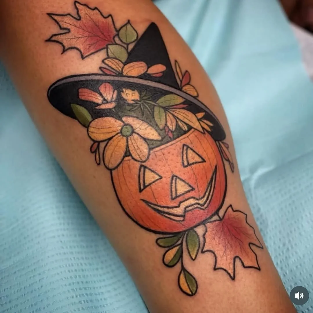 Mel Perlman - @mizmeltattoos is tattooing at @inkanddaggertattoo give them a follow! - Pumpkin lit, spells set. Happy Halloween, witches. Booking cozy fall pieces&mdash;click the link in my bio to snag a spot.  #PumpkinTattoo #WitchyVibes #NeoTraditi