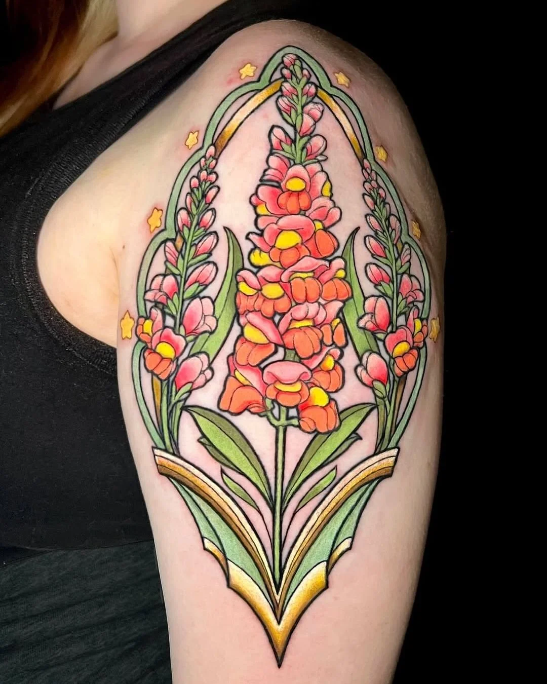 Cortney Norton - @cortneynorton is tattooing at @inkanddaggertattoo give them a follow! - Snapdragons, and puffy stars? Sounds like an ideal summer :3 &bull; &bull; &bull; #snapdragon #snapdragontattoo #artnouveau  #inkanddagger #inkanddaggertattoo #