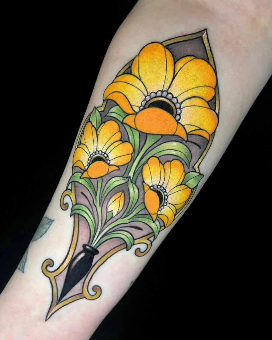 Cortney Norton - @cortneynorton is tattooing at @inkanddaggertattoo give them a follow! - 🌼Original Art deco floral design 🌼 &bull; &bull; &bull; #inkanddagger #inkanddaggertattoo #floraltattoo #tattoodesign #designtattoo  #artdecotattoo #artnouvea