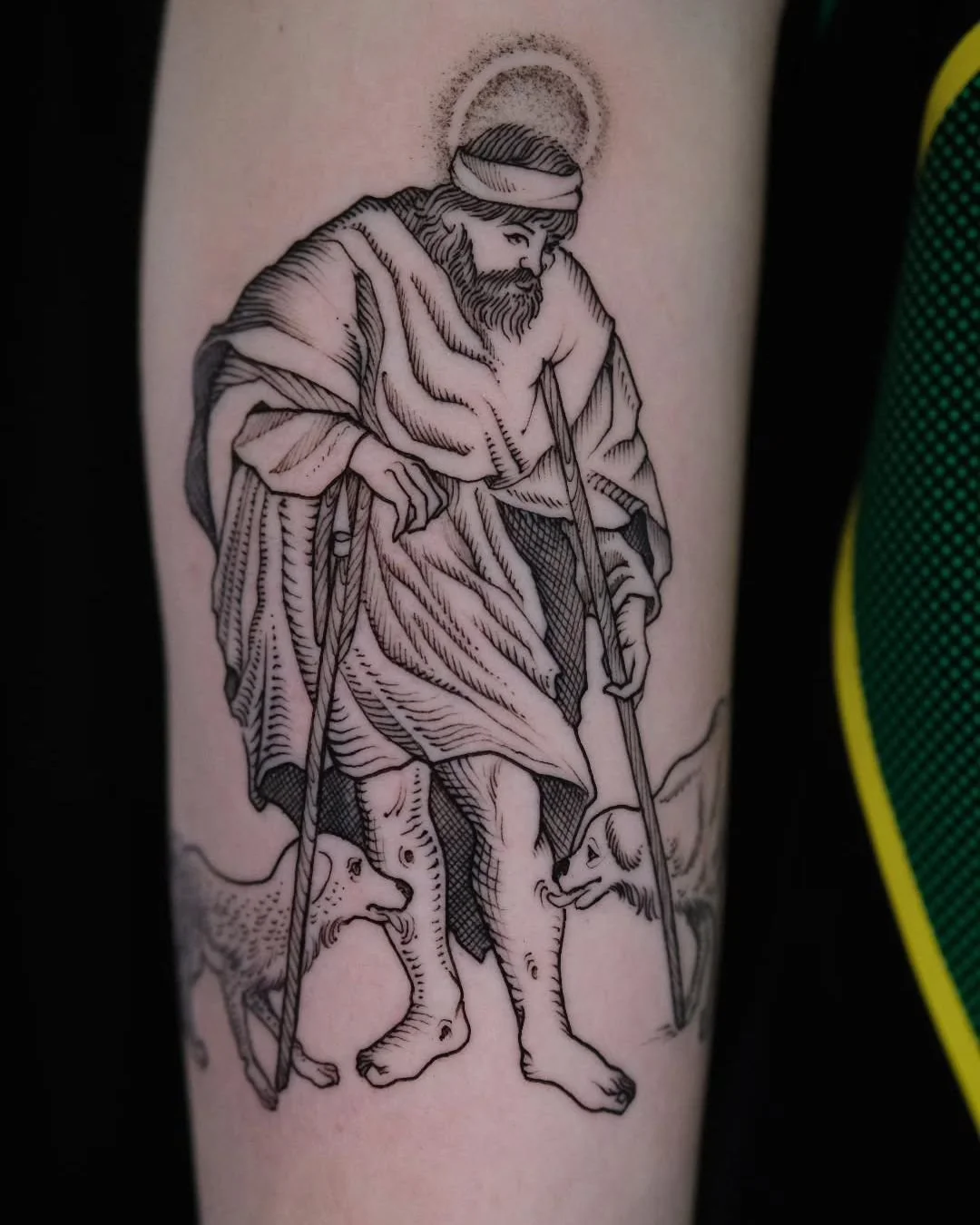 Luis Hinestroza - @luismiguel_ta2 is tattooing at @inkanddaggertattoo give them a follow! - Lazarus and the dogs that took pity on him 🥲 I like turning stories into a visual. This parable compliments the themes I usually like to draw in etching styl
