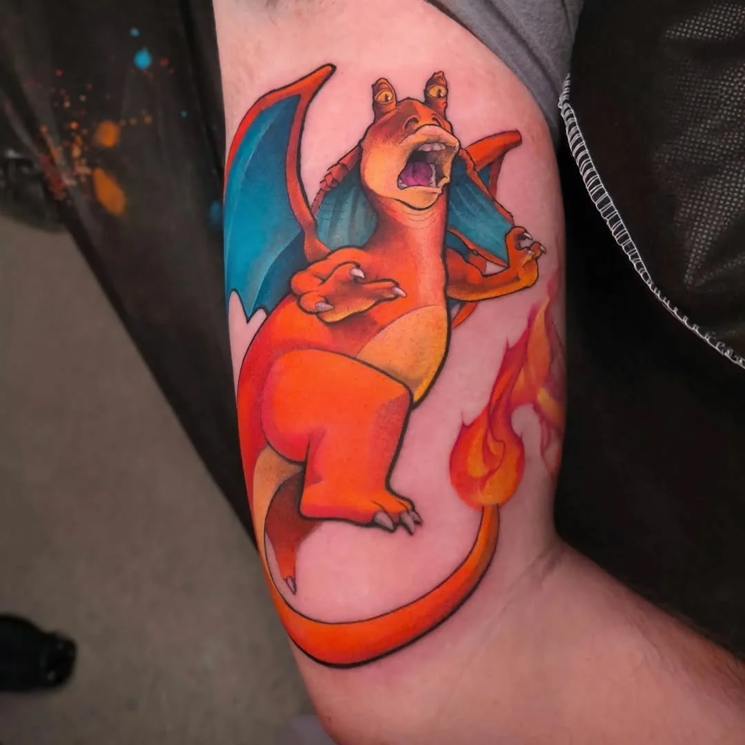 Jorell - @thejorell is tattooing at @inkanddaggertattoo give them a follow! - ::JAR-JAR BINKS X CHARIZARD:: This was a mash up I never thought I'd be asked to tattoo, then I met @joshburchettfilms. He would be the guy to get his second Jar Jar tattoo