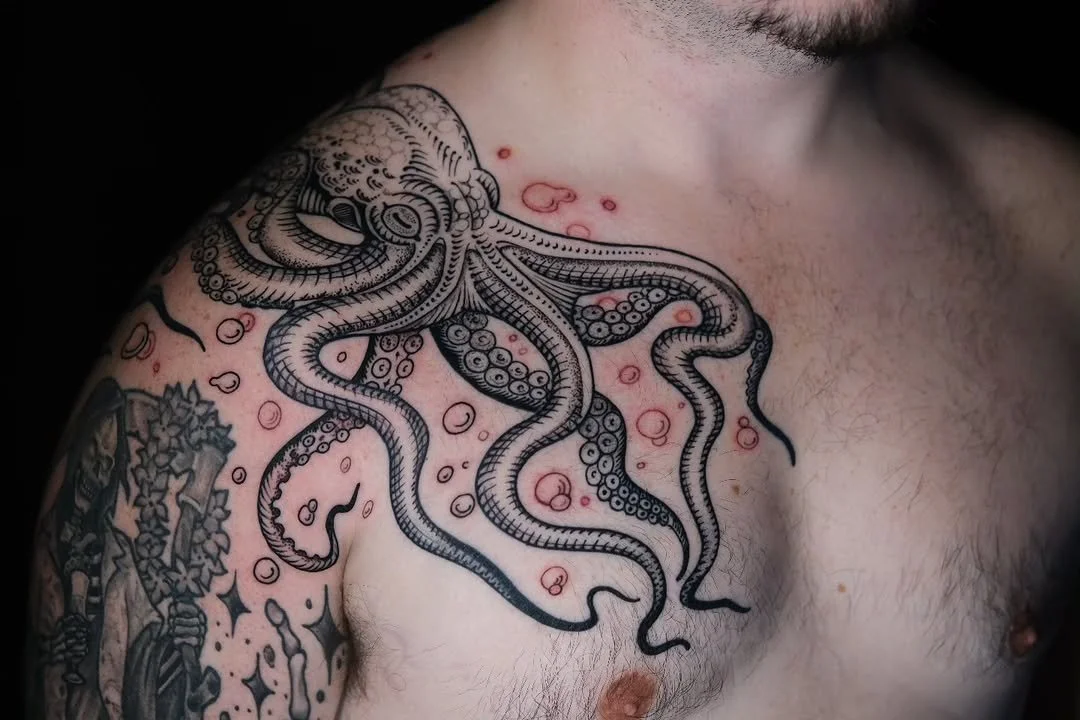 Luis Hinestroza - @luismiguel_ta2 is tattooing at @inkanddaggertattoo give them a follow! - Healed octopus on the chest, etching style of course. Loved this, come get a new friend that sits on your shoulder 🫶 . . . #etchingtattoo #engraving #etching