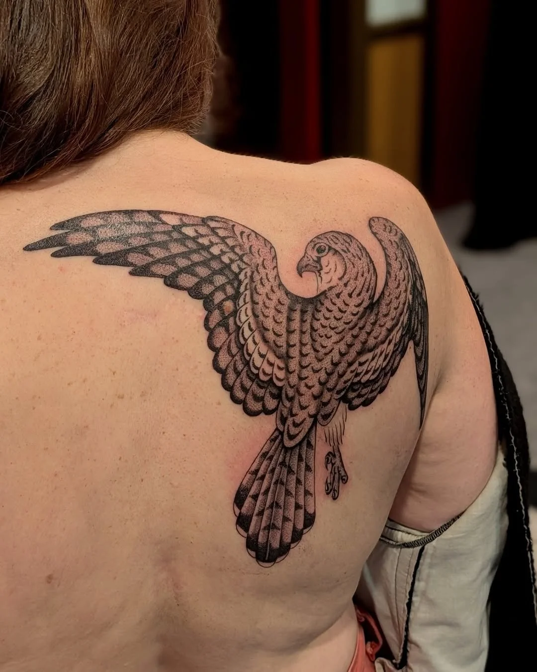 Mark Kalinskiy - @kalinskiy_tattoo is tattooing at @inkanddaggertattoo give them a follow! - A falcon for Michelle. Swipe to see the healed photo.  Thank you for this project! There will never be enough birds. @inkanddaggertattoo . . . #tattoo #tatto