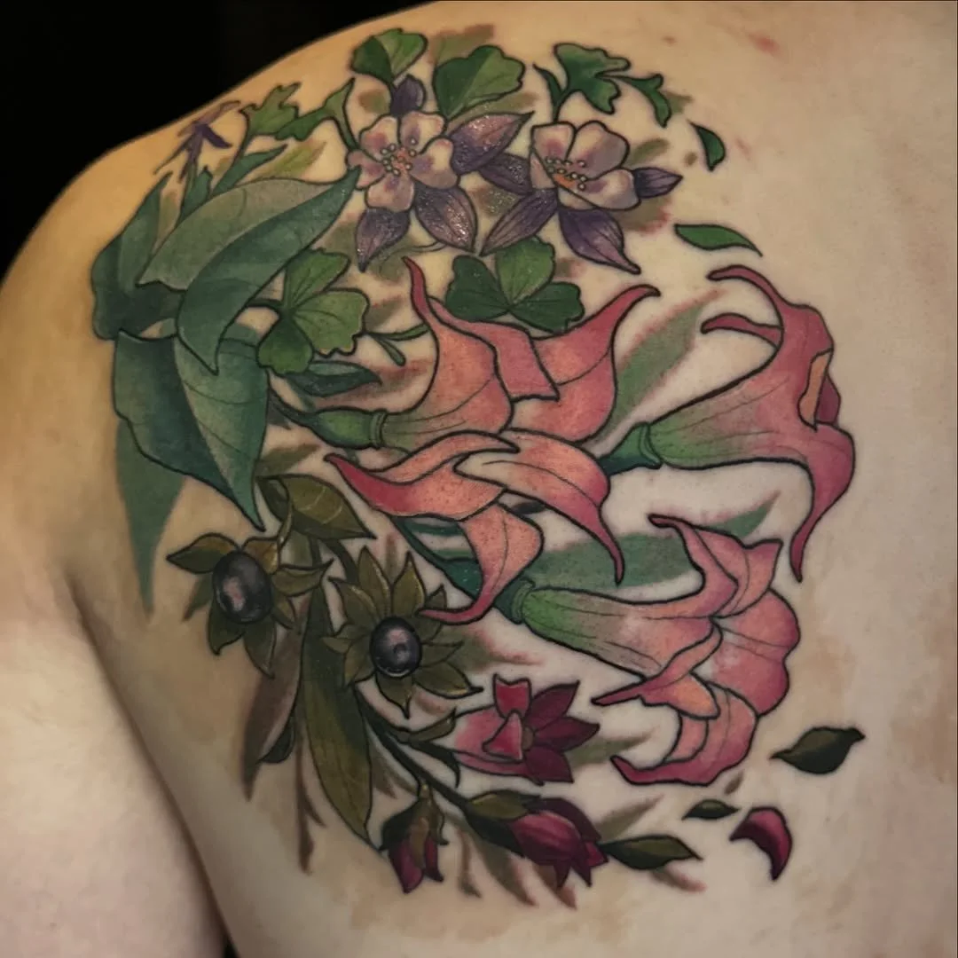 Mel Perlman - @mizmeltattoos is tattooing at @inkanddaggertattoo give them a follow! - Working on this floral back piece for Jonah  Big thank you for the trust (and the stamina) &mdash; I&rsquo;m so excited to see this one come to life layer by layer