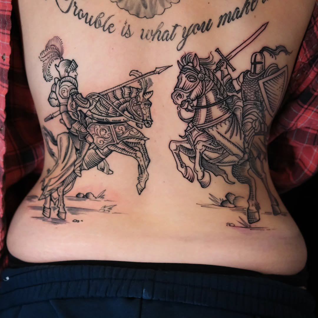 Luis Hinestroza - @luismiguel_ta2 is tattooing at @inkanddaggertattoo give them a follow! - Battling knights, etching style ⚔️ Medieval subject matter will always be one of my favs. Weaponry, helmets, chainmail -what's not to love?  I'd love to do mo