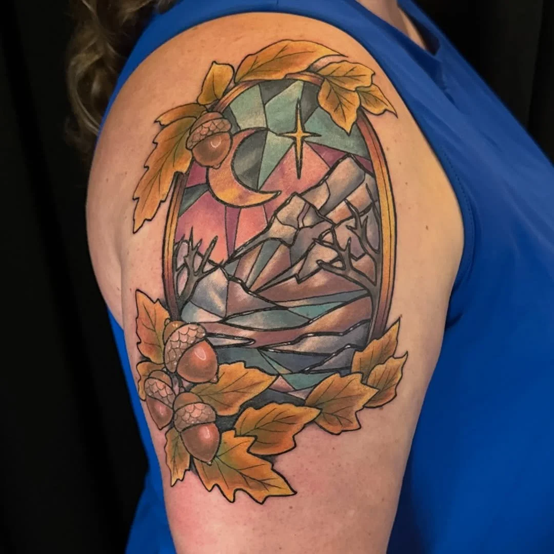 Mel Perlman - @mizmeltattoos is tattooing at @inkanddaggertattoo give them a follow! - Enjoyed making this stained glass piece for Elizabeth Thank you so much for trusting me with it, Elizabeth!  Want something custom like this? DM me to book or snag
