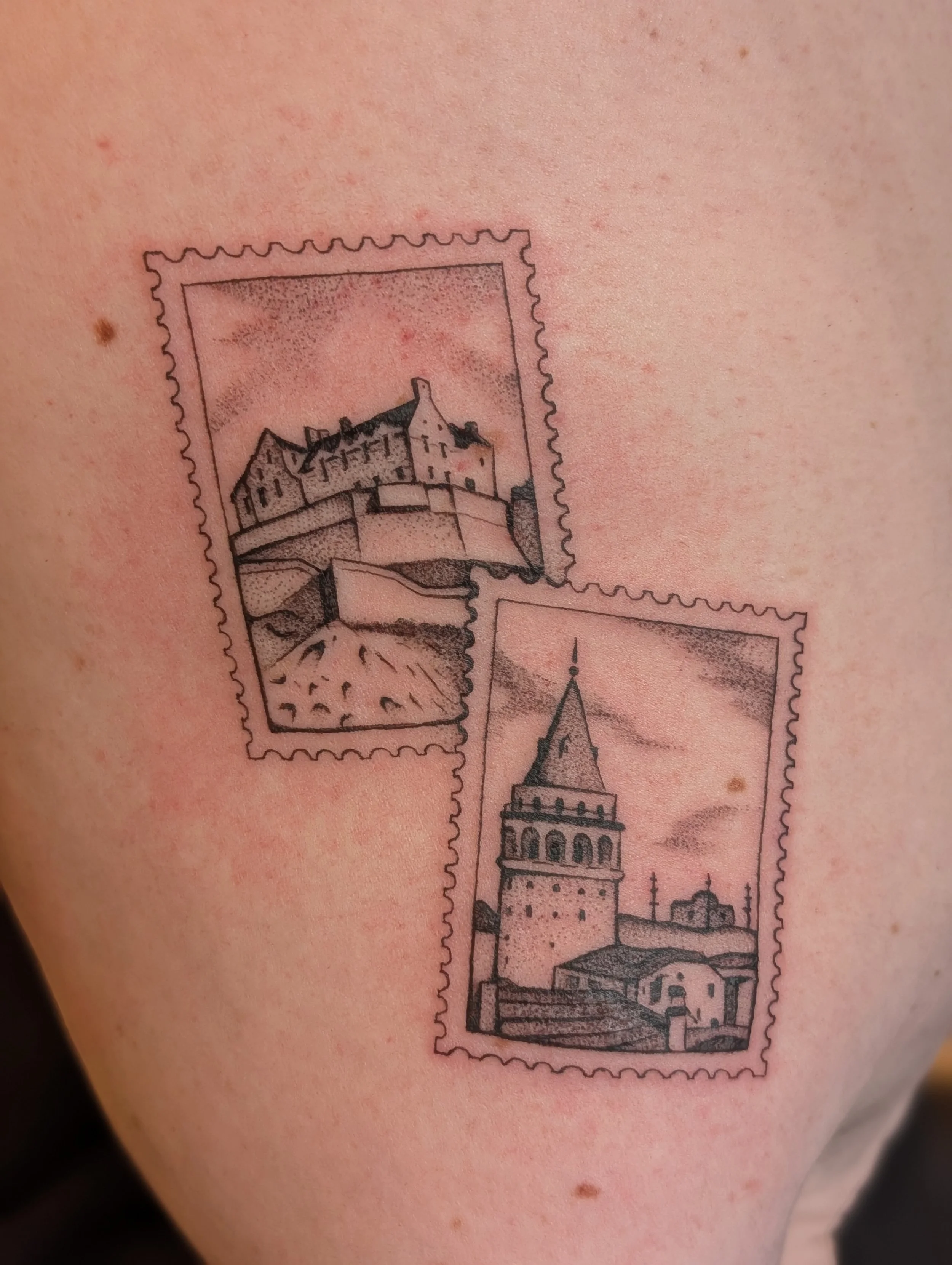two_postage_Stamps_tower_black_and_gray_fineline_stipple_mark_kalinskiy_roswell_ga.jpg