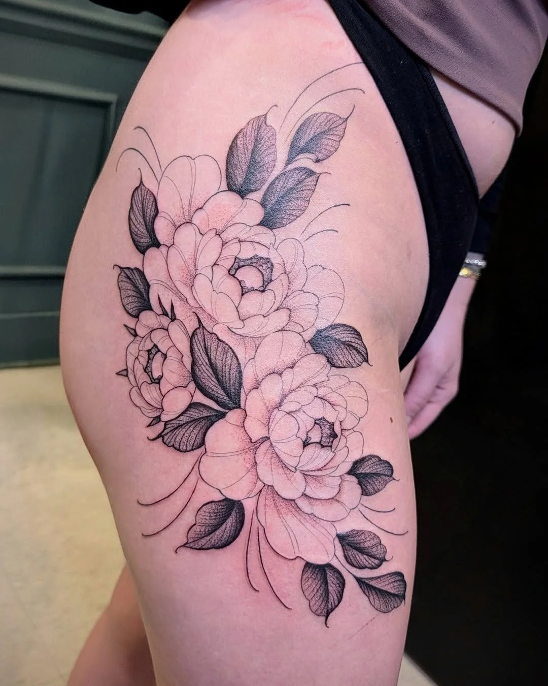 Mark Kalinskiy - @kalinskiy_tattoo is tattooing at @inkanddaggertattoo give them a follow! - Peonies for Kelsey. Healed lines, fresh shading.  Thank you for the trust!  @inkanddaggertattoo . . . #tattoo #tattoos #finelinetattoo #blackandgreytattoo #a