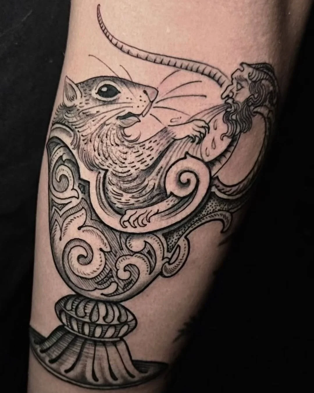 Luis Hinestroza - @luismiguel_ta2 is tattooing at @inkanddaggertattoo give them a follow! - Rat from my flash for Alex 🐀 ornate, etching style tattoos like this are always available upon request. Just let me know! Thanks for looking. . . . #etchingt