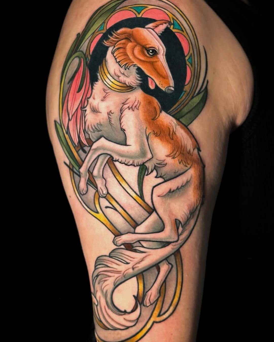 Cortney Norton - @cortneynorton is tattooing at @inkanddaggertattoo give them a follow! - An Art Nouveau styled pin-up of her Borzoi pup, Mishka! 🐾🌷 &bull; &bull; &bull; #artdecotattoo #artnouveautattoo #pettattoo #dogtattoo #muchatattoo