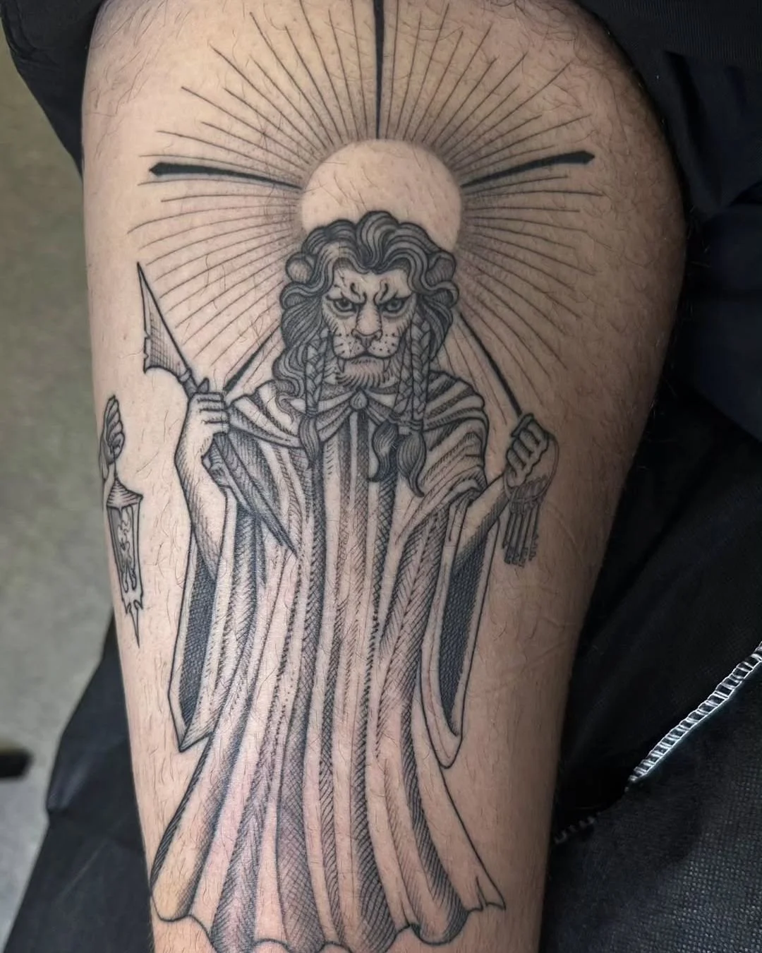Luis Hinestroza - @luismiguel_ta2 is tattooing at @inkanddaggertattoo give them a follow! - Anthropomorphic lion for my client, etching style of course. Part of a collection of tattoos representing his family. Thank you for the trust! . . . #etchingt