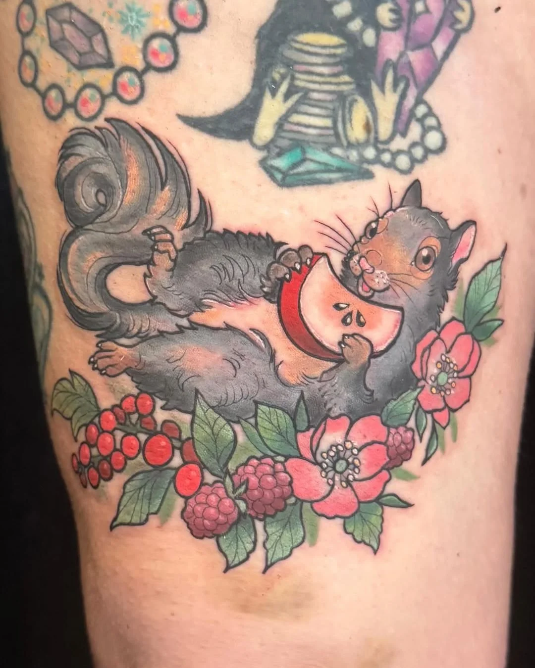 Mel Perlman - @mizmeltattoos is tattooing at @inkanddaggertattoo give them a follow! - A little woodland moment.  Just a squirrel and his apple. Thank you so much, Gillian, for letting me bring this sweet squirrel to life such a fun piece to do.  If 