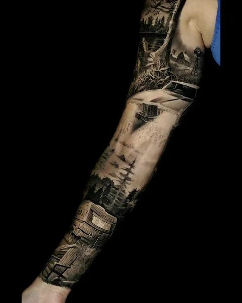 Robert Beeman - @robertbeemantattoos is tattooing at @inkanddaggertattoo give them a follow! - With this sleeve, we told the story of a woman and her father. From camping with their rv, to the windmills and landscapes of their home, and even his favo