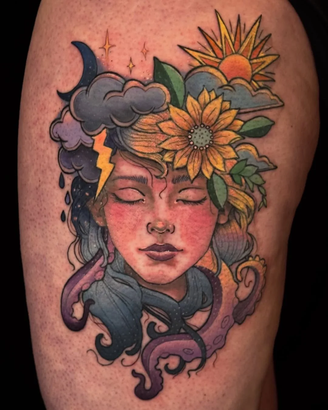 Mel Perlman - @mizmeltattoos is tattooing at @inkanddaggertattoo give them a follow! - Loved bringing this celestial lady to life&mdash;sunflowers, moonlight, thunderclouds, and a little bit of chaos all wrapped into one piece. Thank you to my client