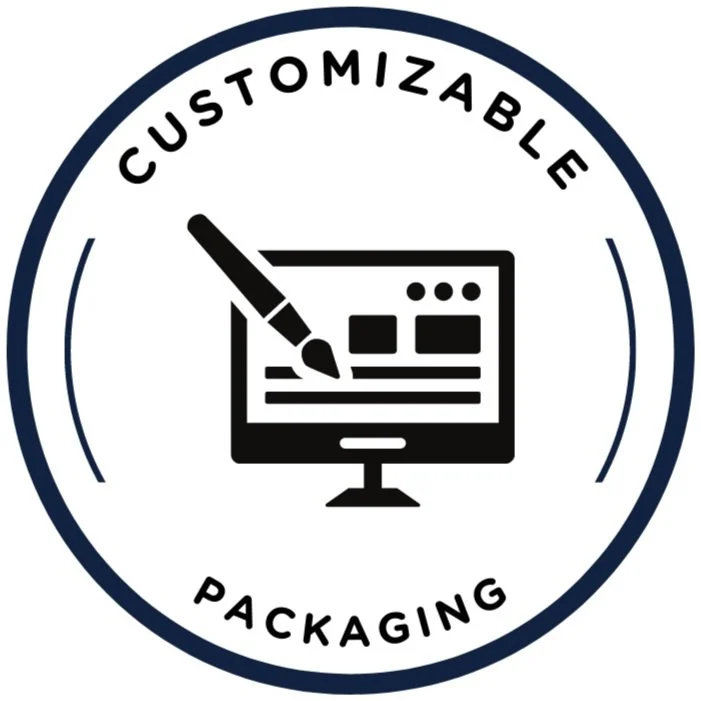 Icon featuring a computer monitor with a paintbrush, labeled 'Customizable Packaging.'