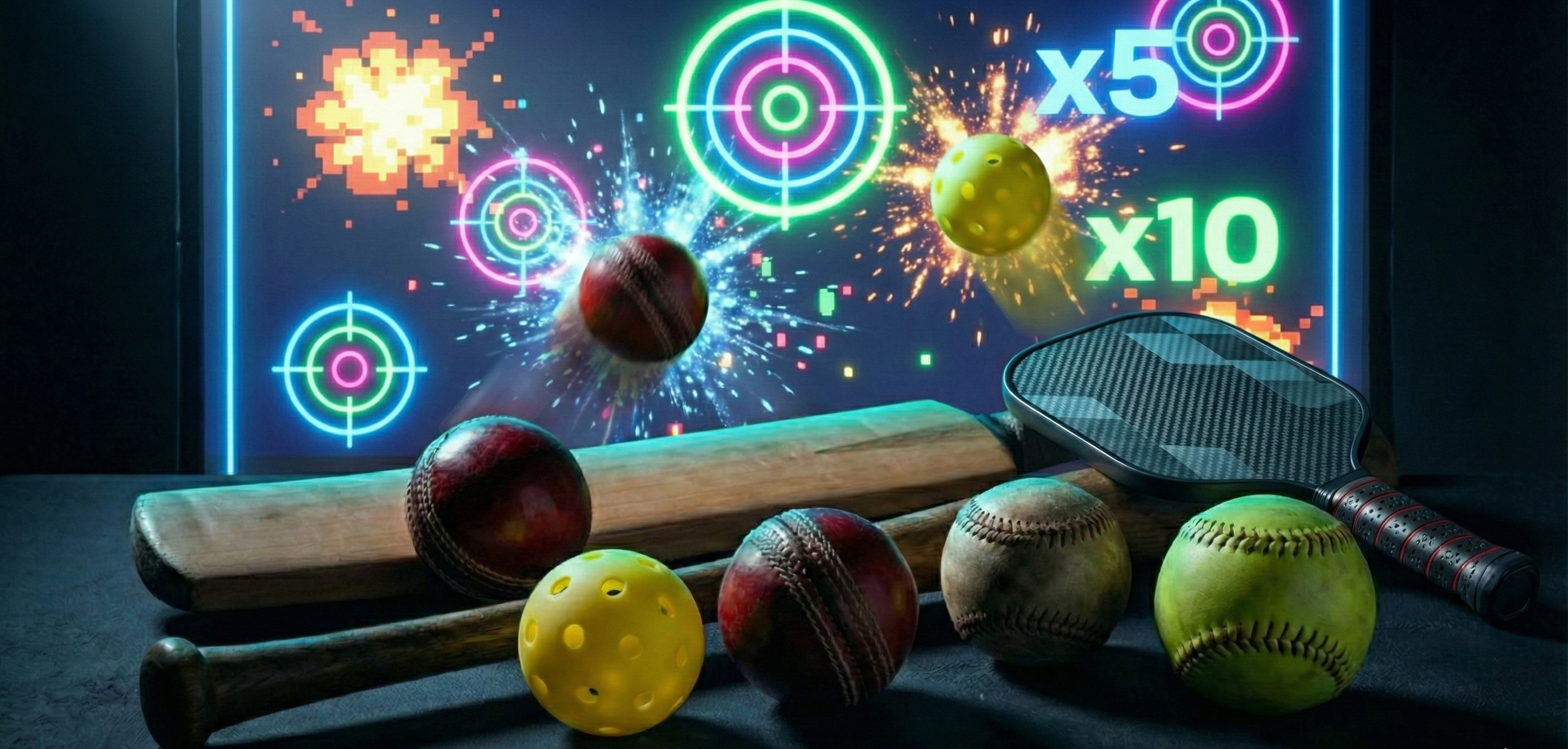 A pinball machine-style game with baseballs and tennis balls hitting targets on a screen that shows explosion effects, scored multipliers of x5 and x10, and neon crosshair targets. There are also two wooden bats and a ping pong paddle on the surface in the foreground.
