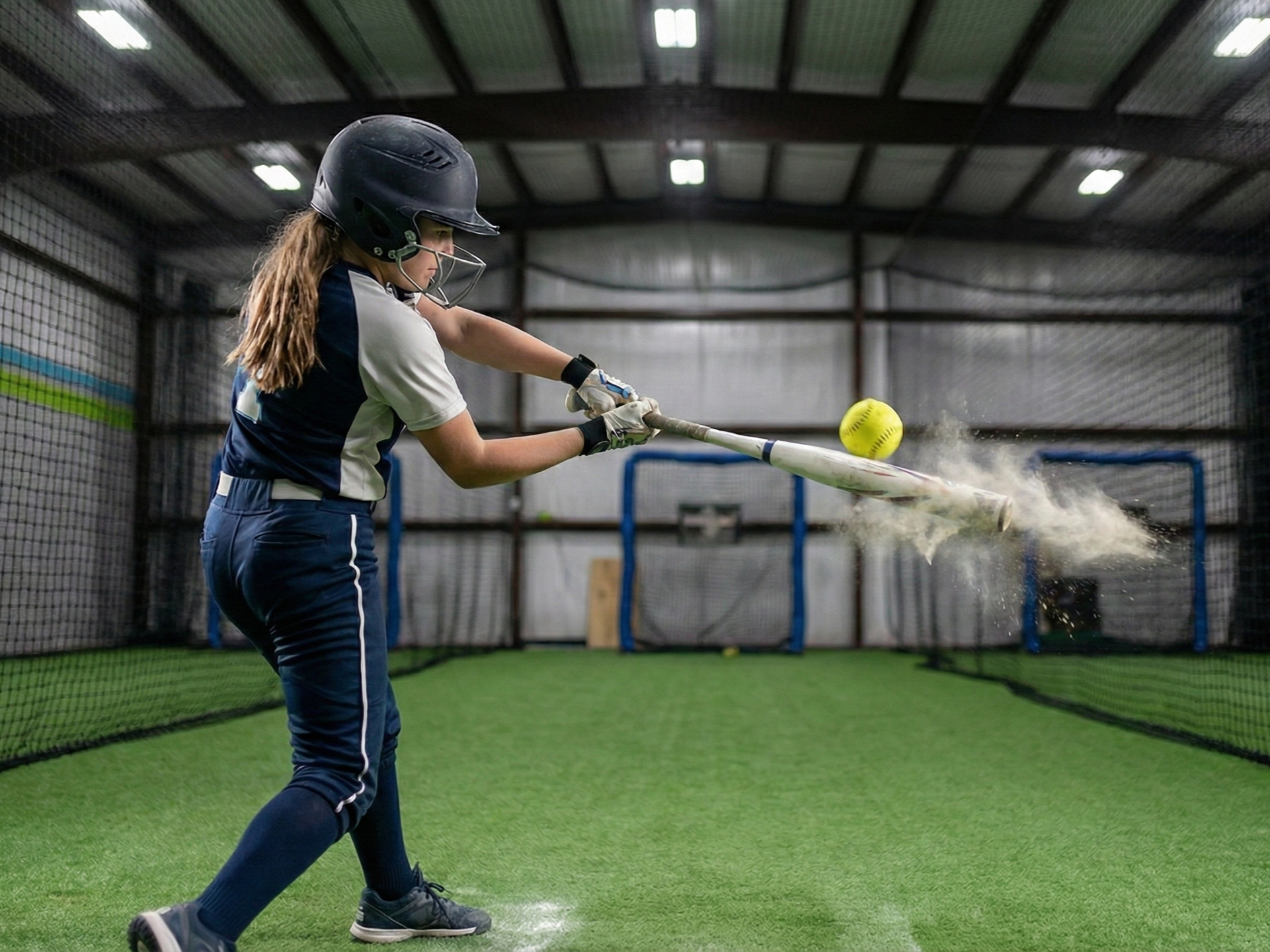 A girl in a helmet and sports uniform practicing softball inside an indoor batting cage.