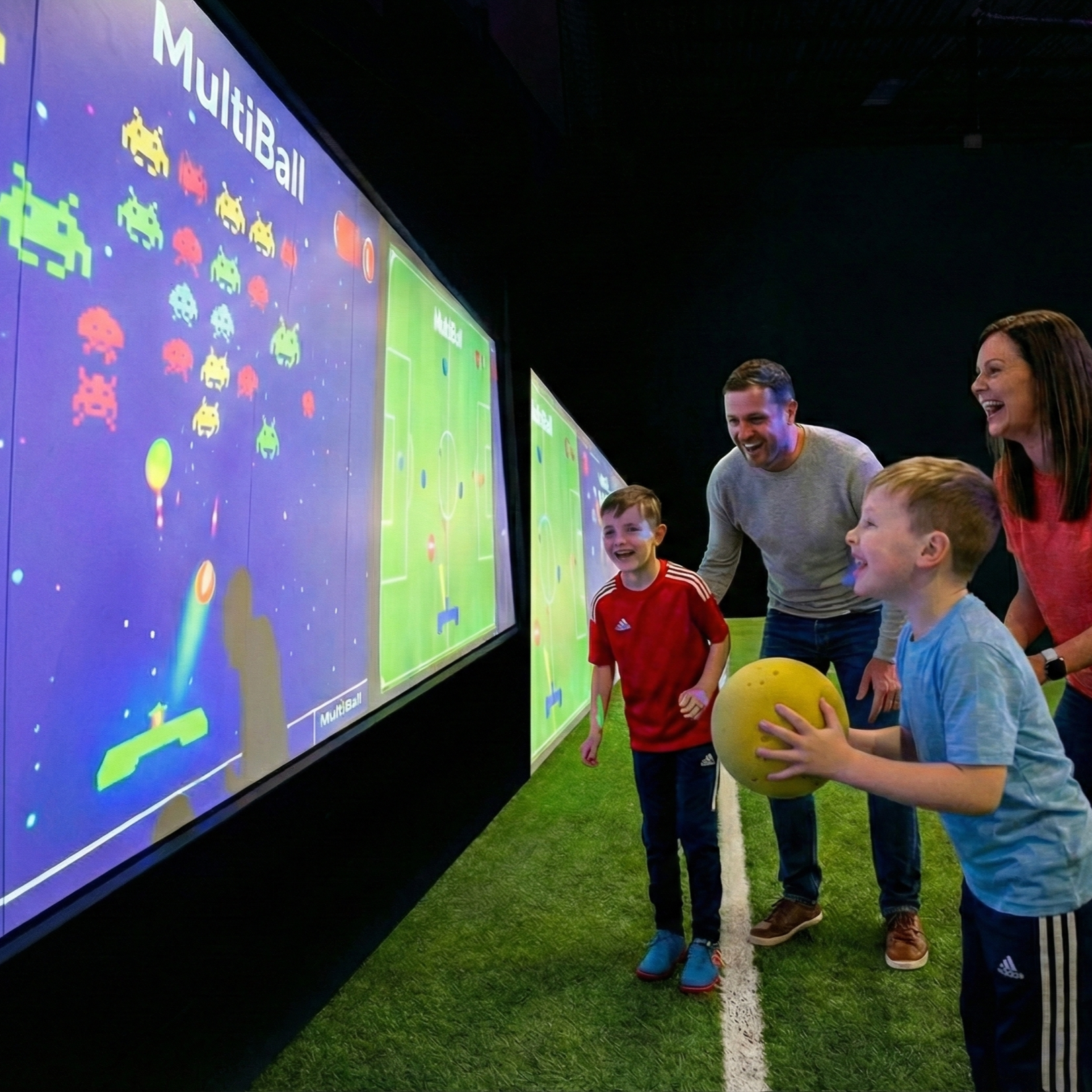 A family of four playing arcade soccer on a large screen, with two children and two adults smiling and laughing as they interact with the game.