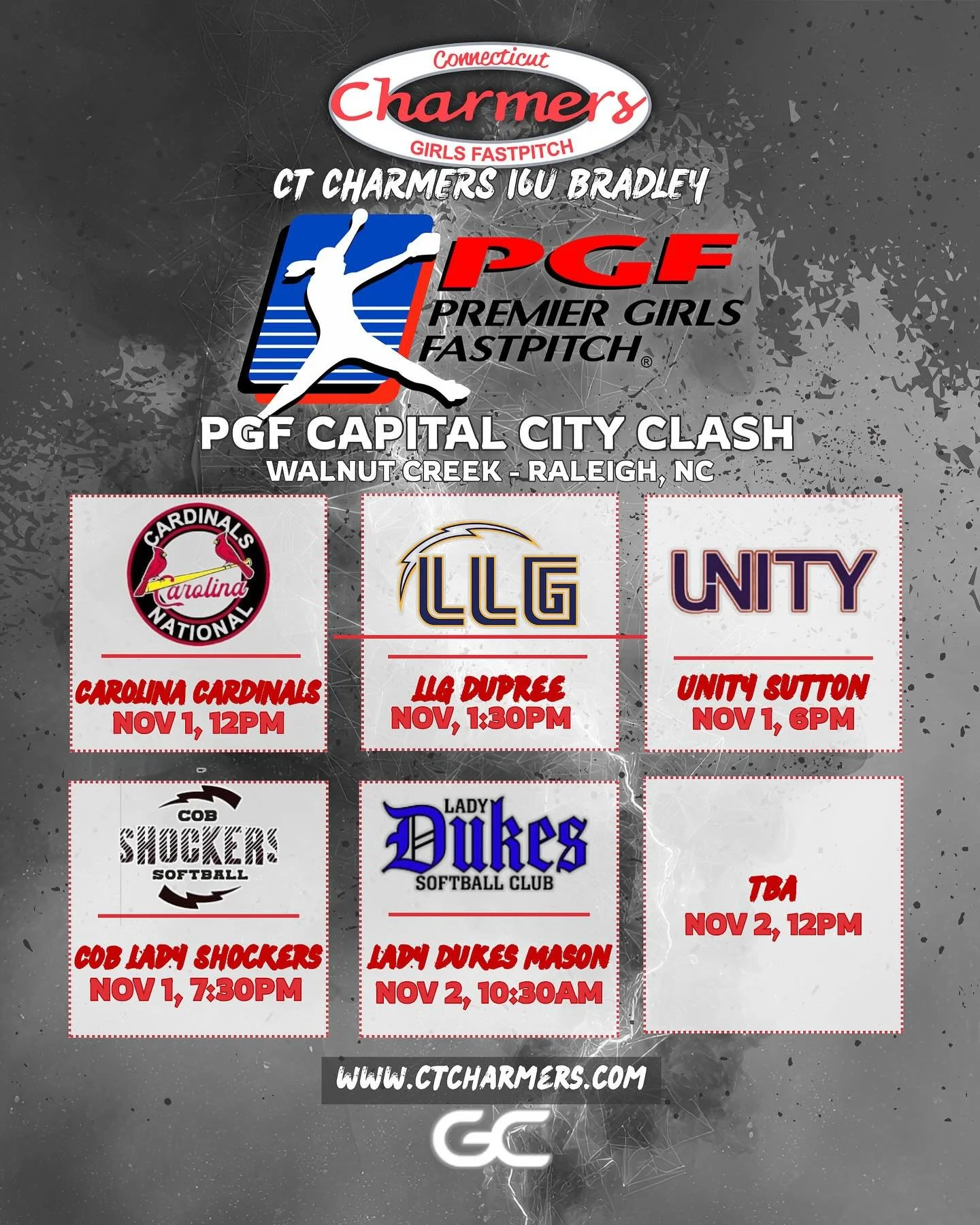 Charmers 16u Bradley is headed to Raleigh North Carolina this weekend for some sunshine and softball at the PGF Capital City Clash ✈️☀️