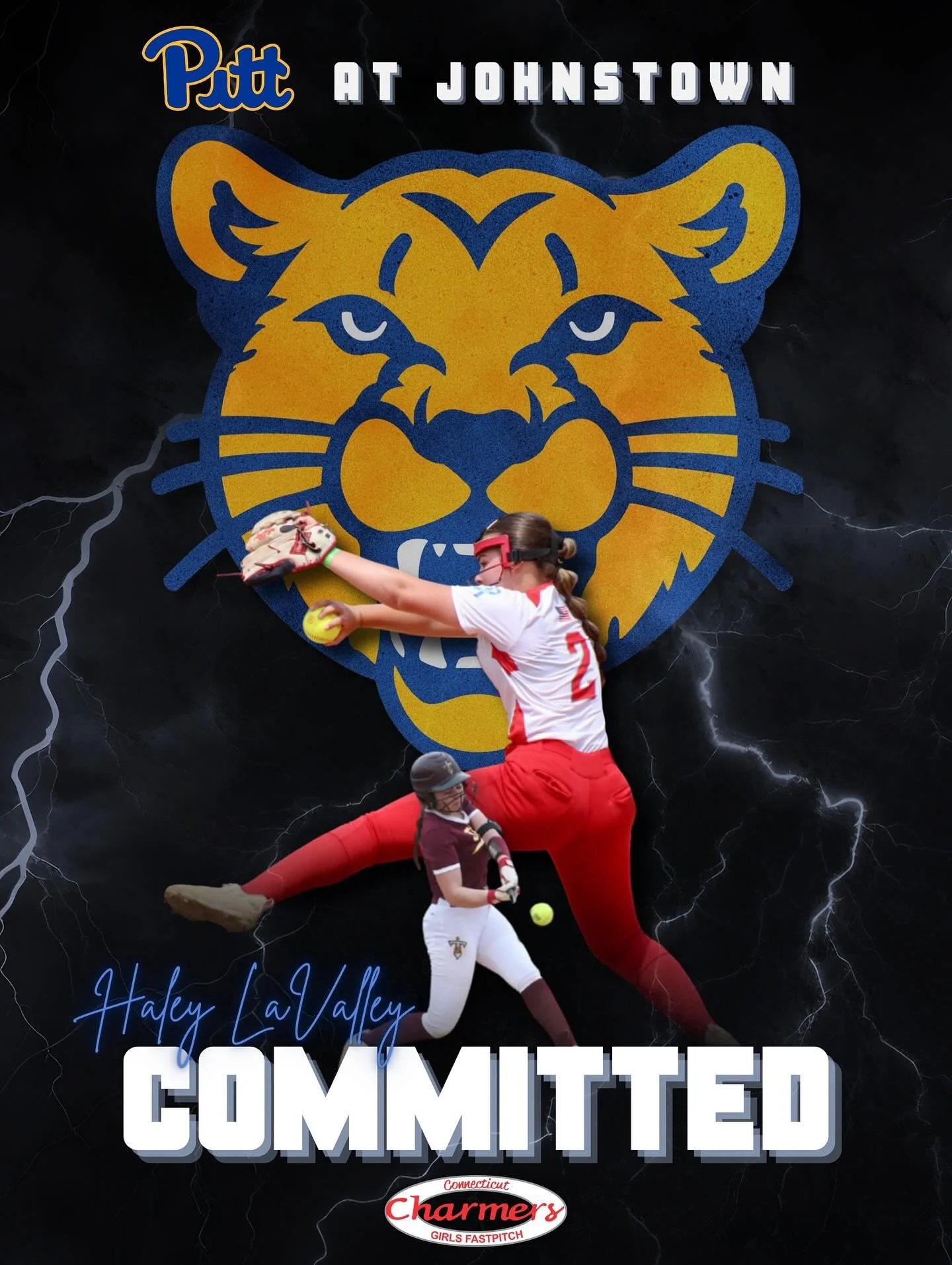The Connecticut Charmers are proud to announce that Haley LaValley has committed to play DII softball at University of Pittsburg at Johnstown. Go Mountain Cats!