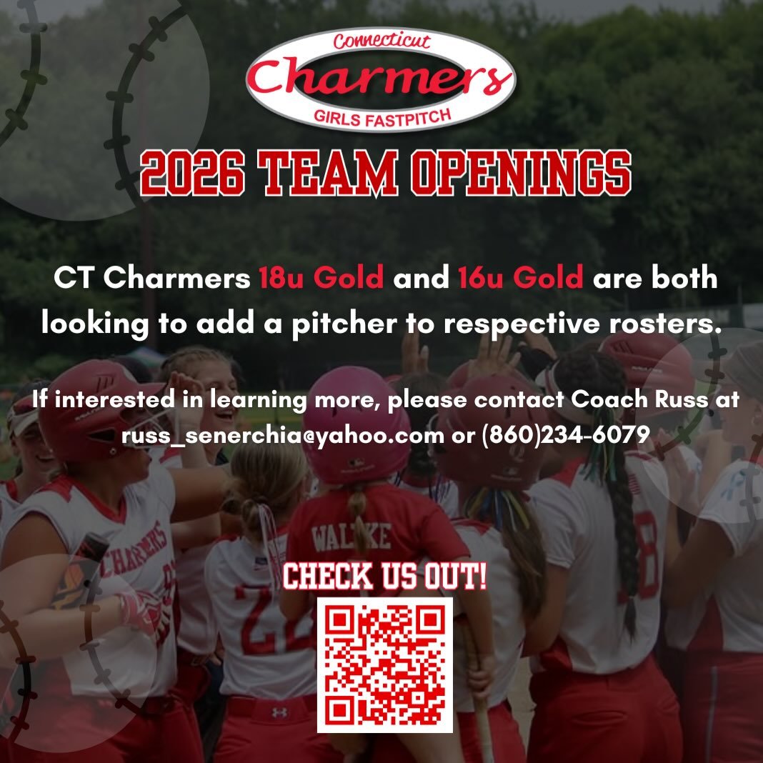 The Connecticut Charmers are looking to add to the pitching staff for both 18u and 16u Gold this upcoming season. Winter workouts start in January and both teams play a competitive showcase schedule!