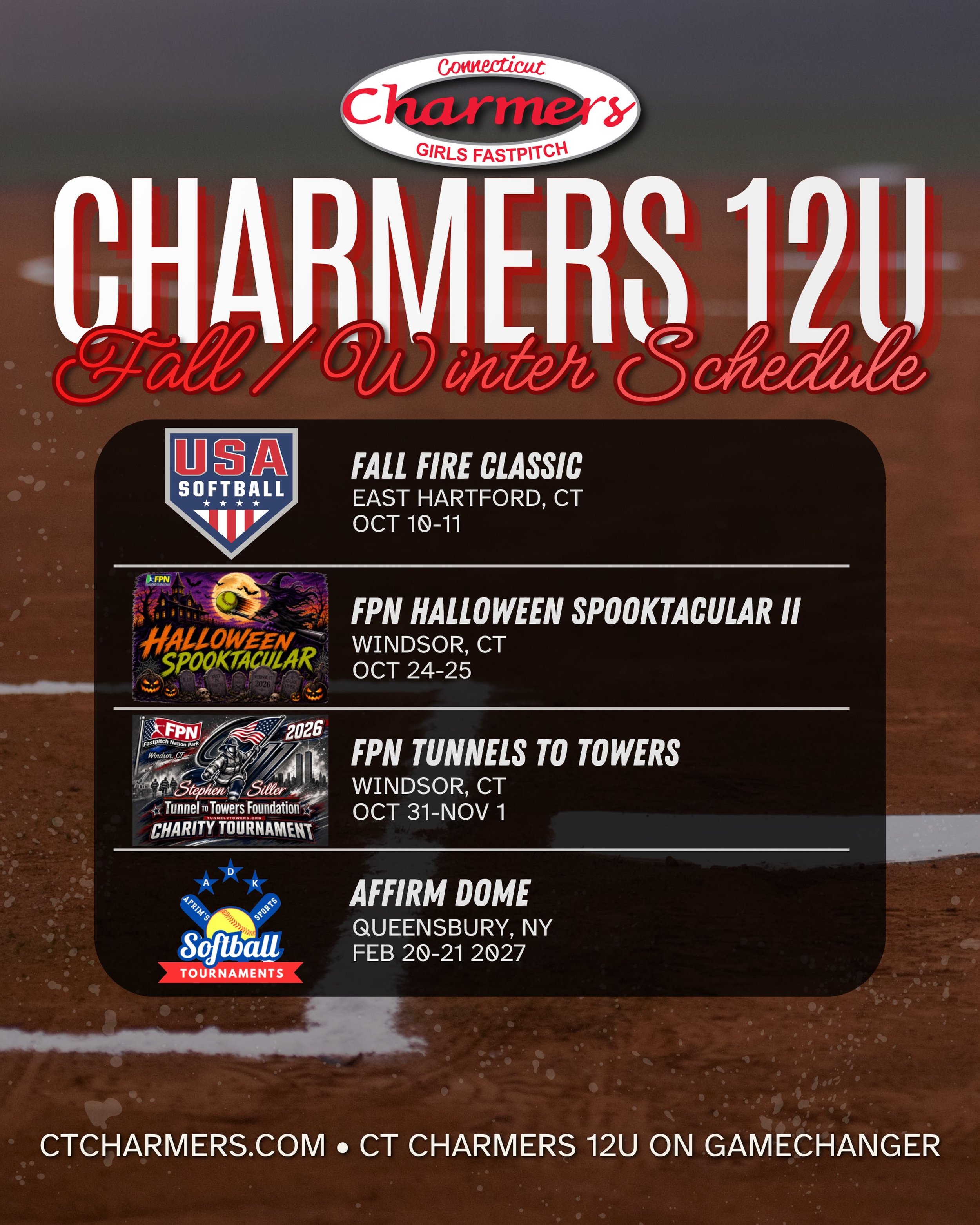 Last but never least: Charmers 12u schedule drop for the upcoming fall/winter season, including a trip to the Queensbury Dome for an indoor tournament next February ❄️🍂🥎