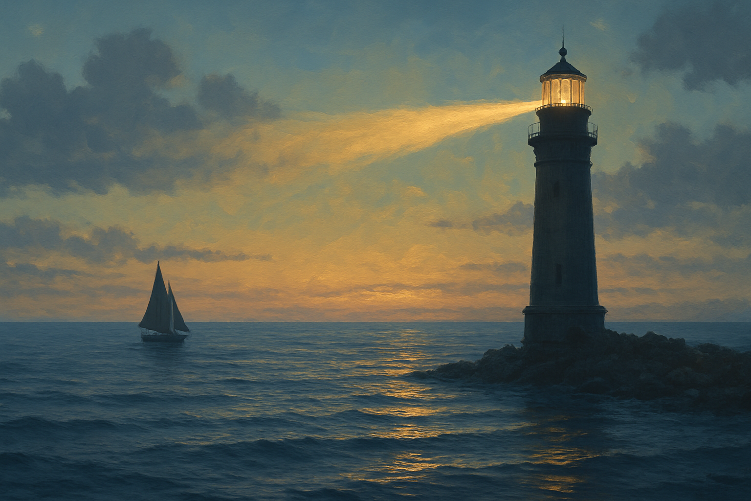 A lighthouse on a rocky coast at sunset with a sailboat on the water and cloudy sky.
