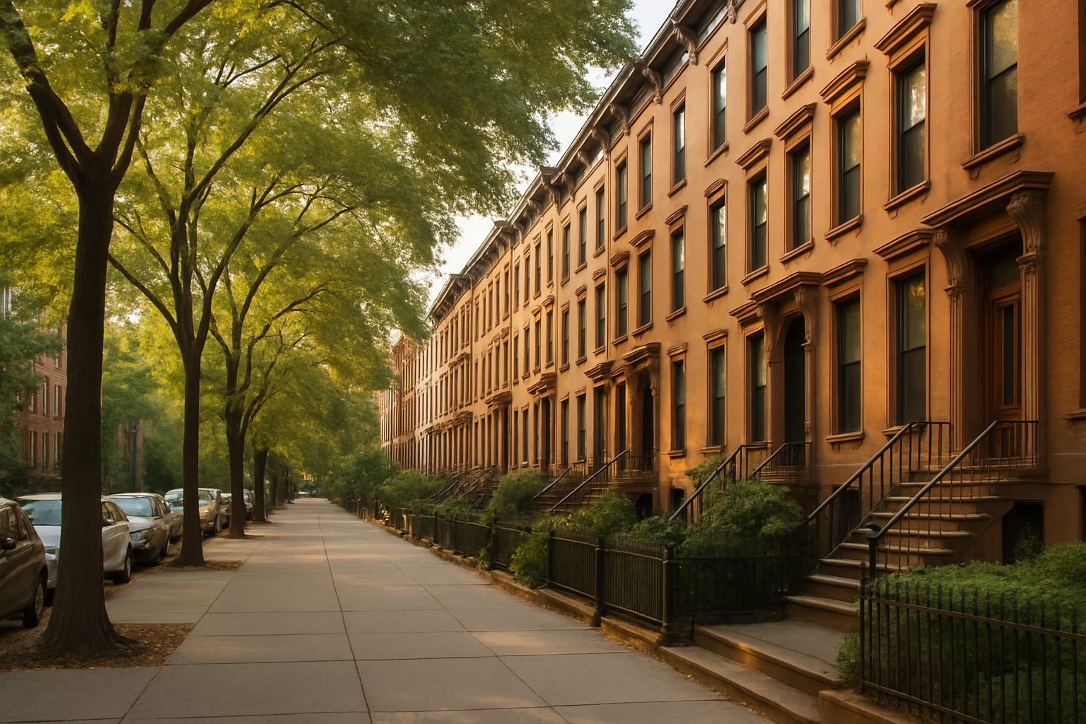 A quiet city sidewalk lined with trees and parked cars, with brownstone row houses on the right side of the street, bathed in warm sunlight in the evening.