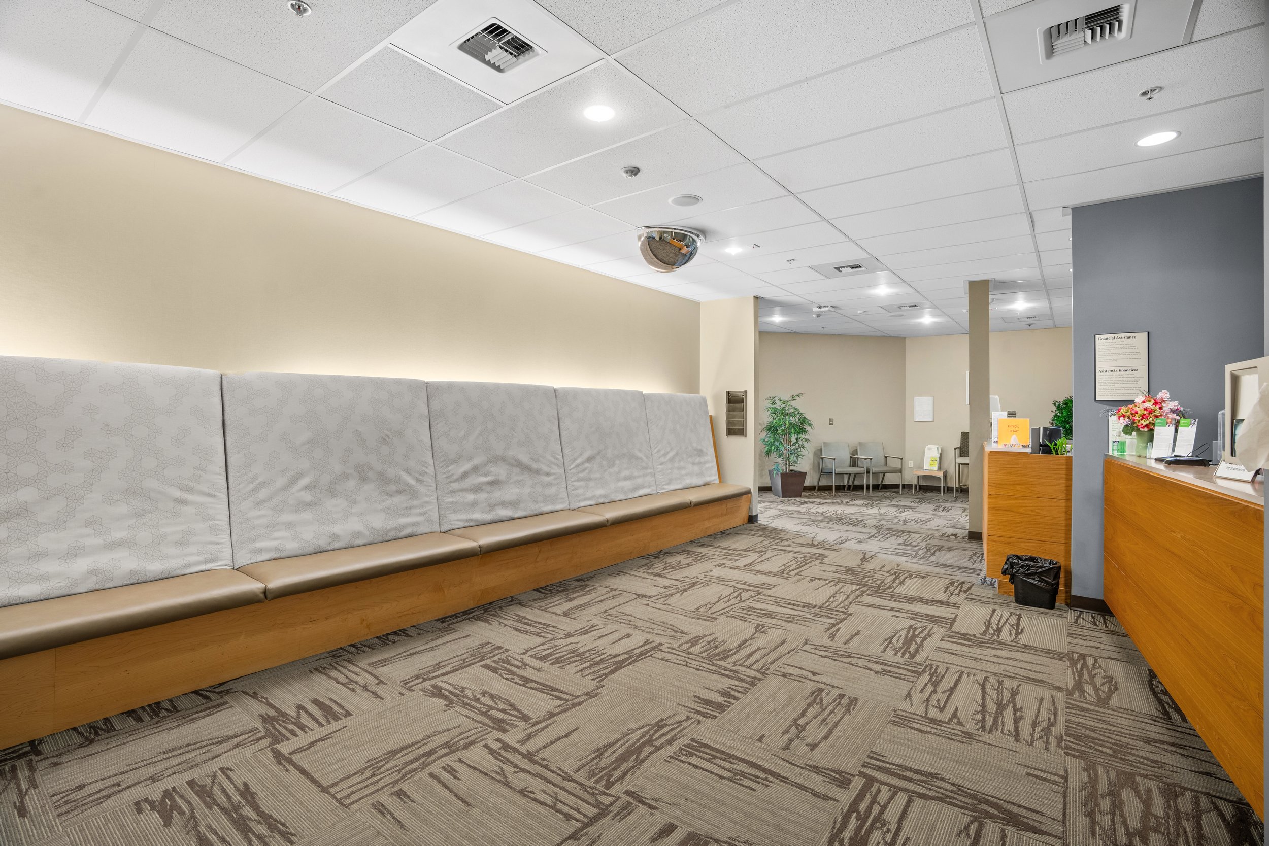 Patient waiting area inside the Franciscan Medical Clinic featuring comfortable seating, modern finishes, and a bright, welcoming atmosphere.