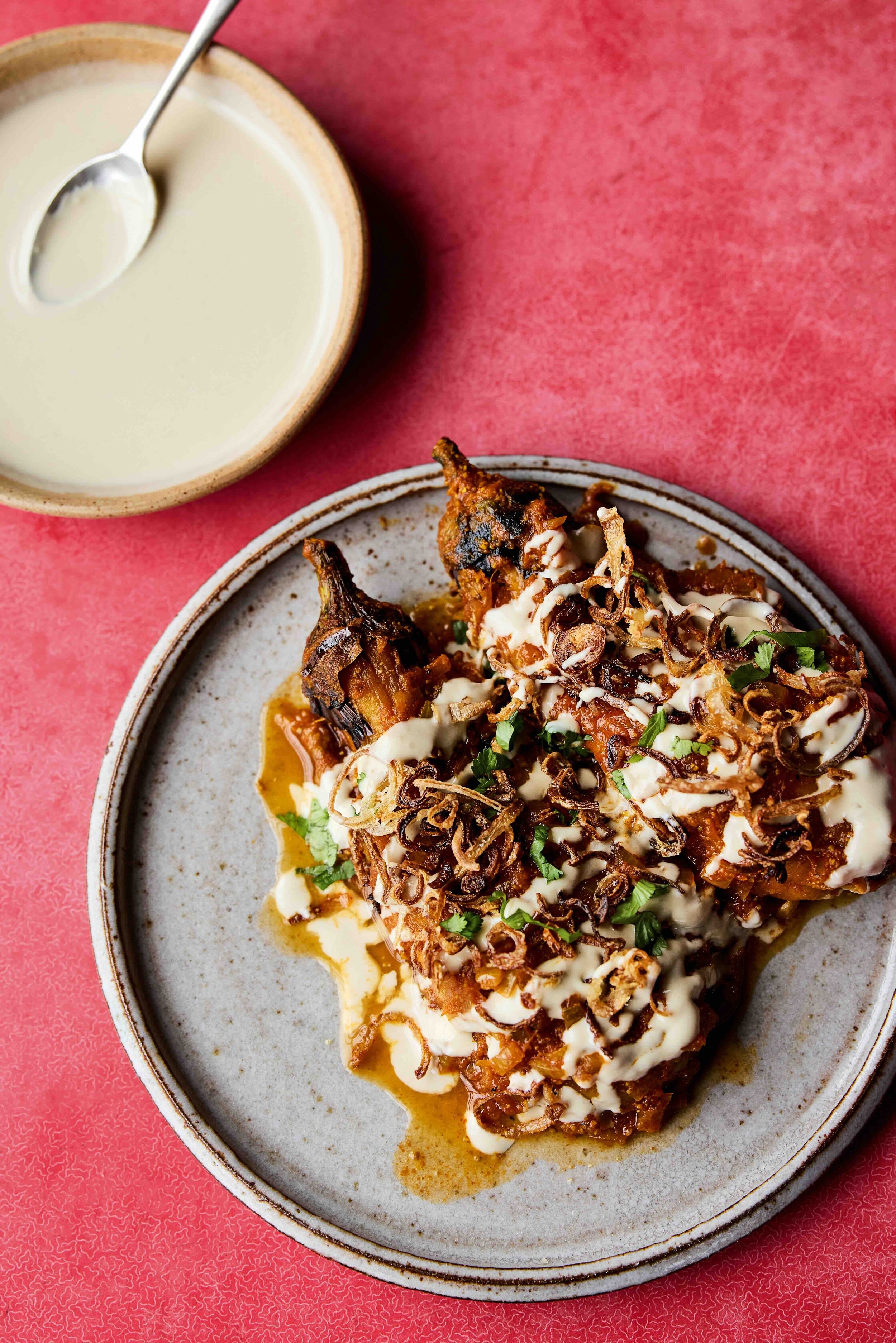 Burnt Aubergines with Fenugreek Sauce, Tahini and Fried Shallots