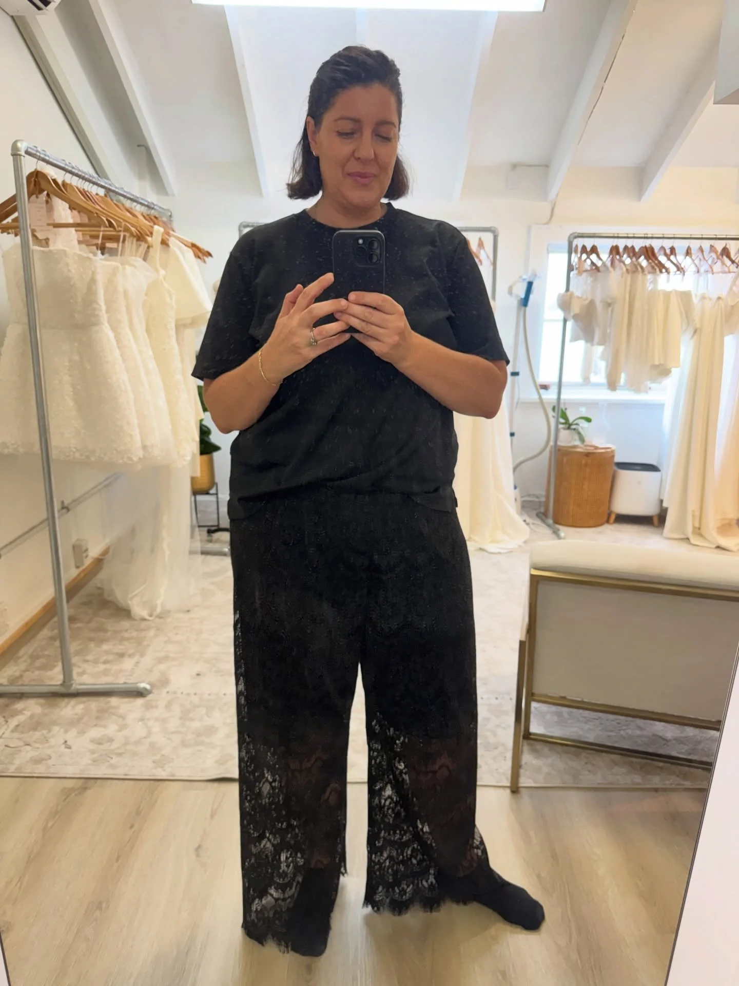 Looooving my new lace pants !!! 
Thinking these would be super cool as a rehearsal dinner or second day pant if made in a white lace. See second slide for inspo. 

This is an example of little cuties I can whip up for you, so think outside the box gi