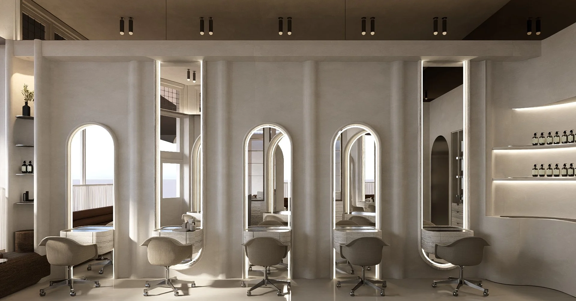 Modern salon with row of styling stations featuring illuminated mirrors, chairs, bottles on shelves, and minimalistic decor.