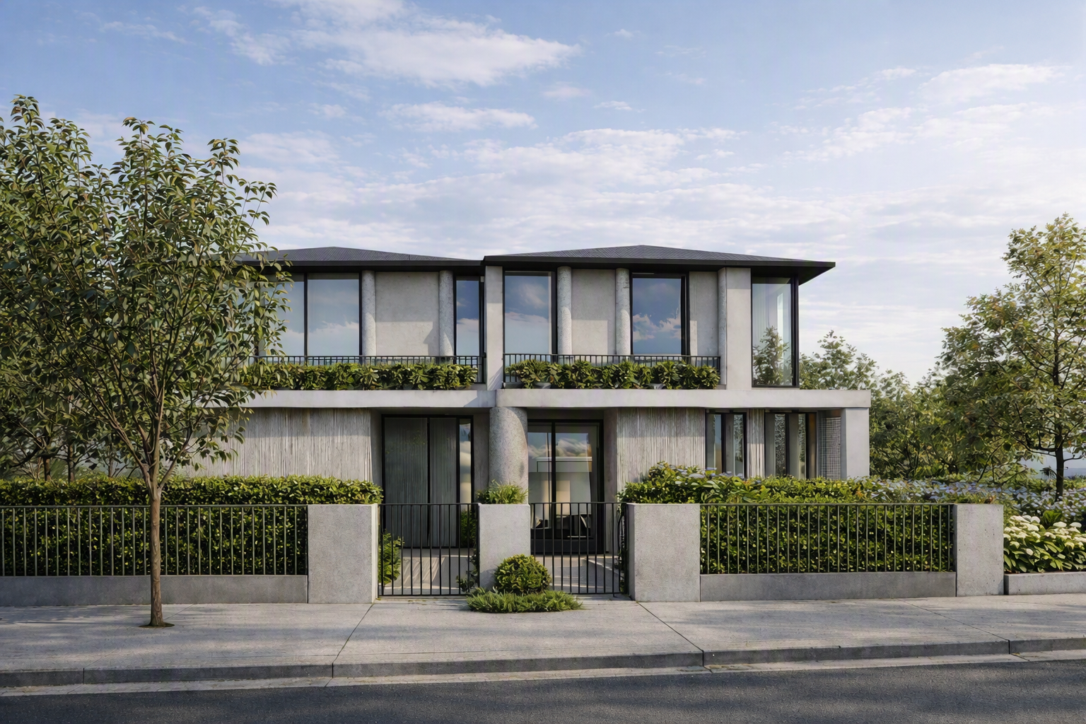 Modern two-story house with large glass windows, concrete walls, a gated front yard with manicured bushes and trees, and a cloudy sky.