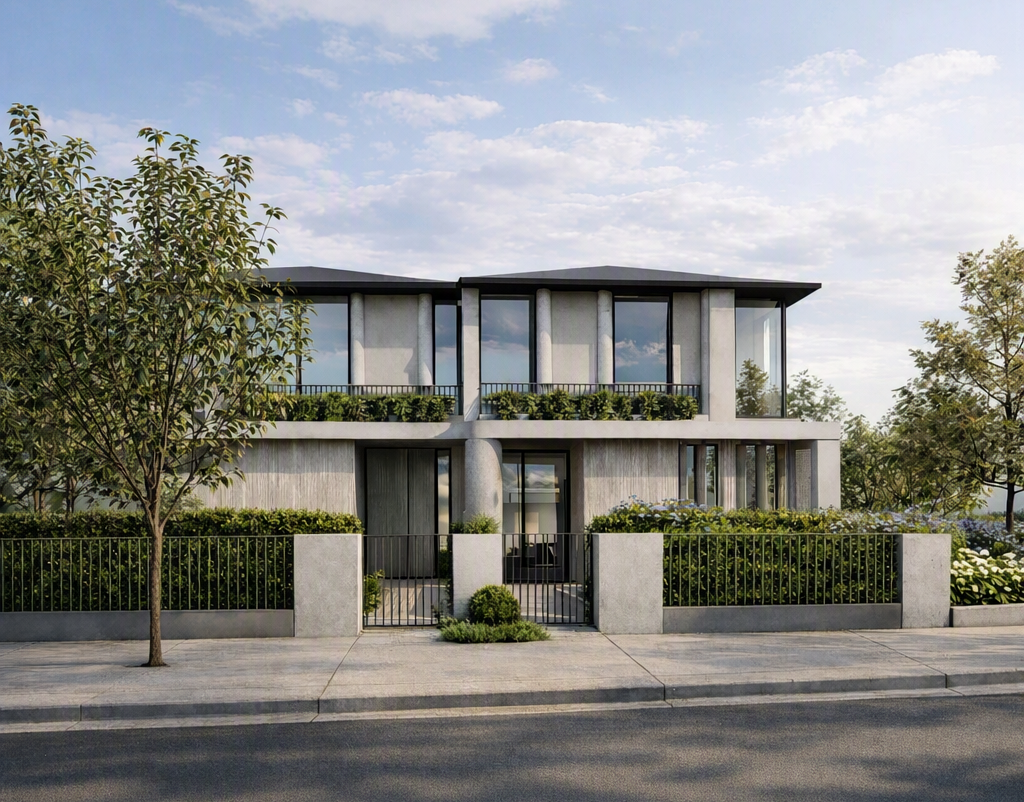 Modern multi-story house with large glass windows, surrounded by trees and greenery, with a sidewalk and street in front.